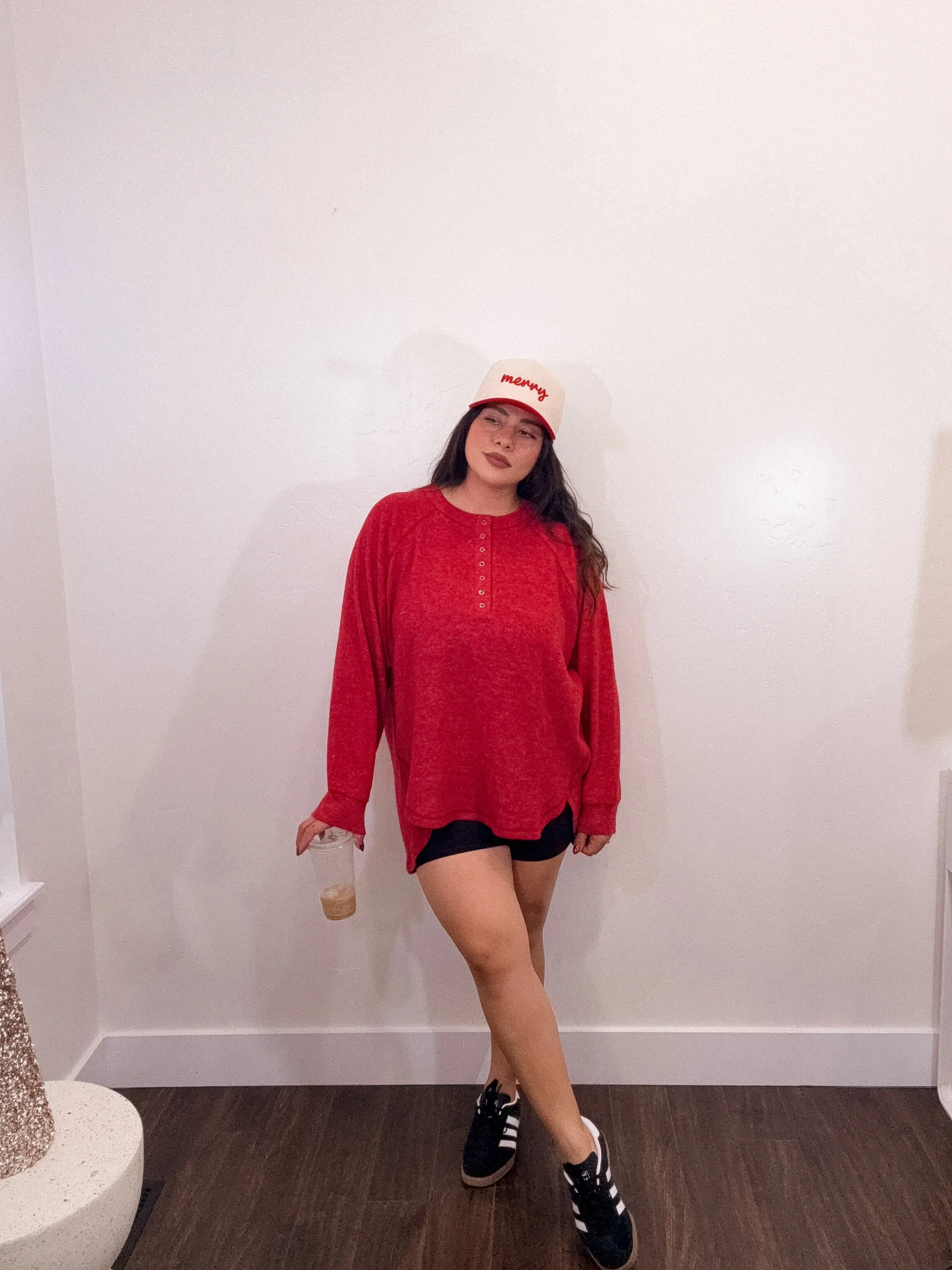 Henley extra soft Pullover Oversized Sweater *RED*