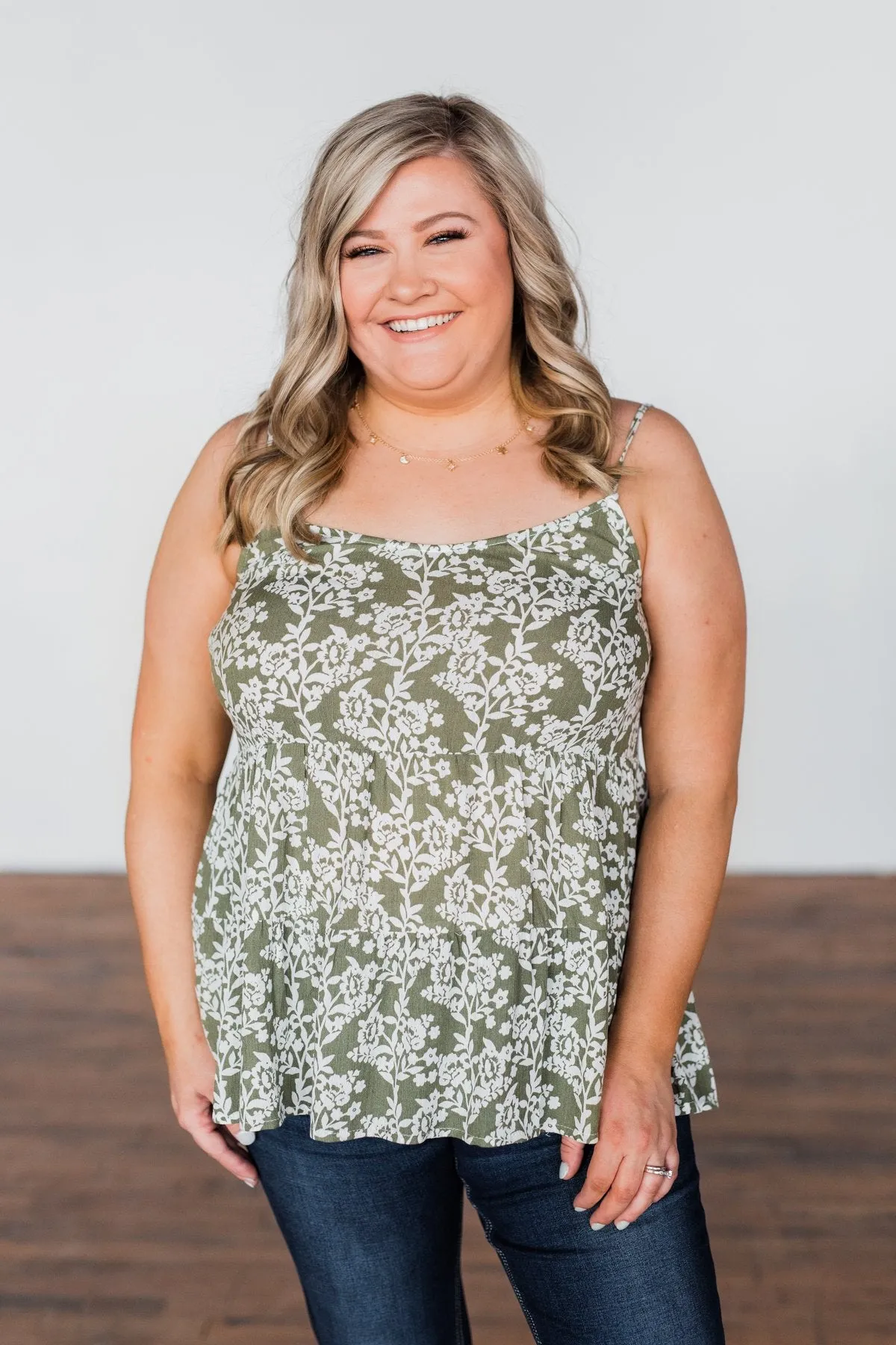 Here With You Floral Babydoll Tank Top- Olive