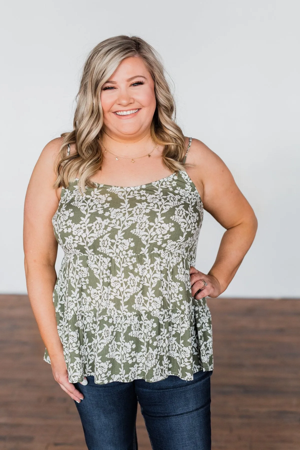 Here With You Floral Babydoll Tank Top- Olive