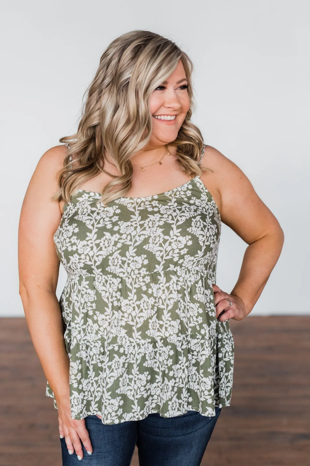 Here With You Floral Babydoll Tank Top- Olive