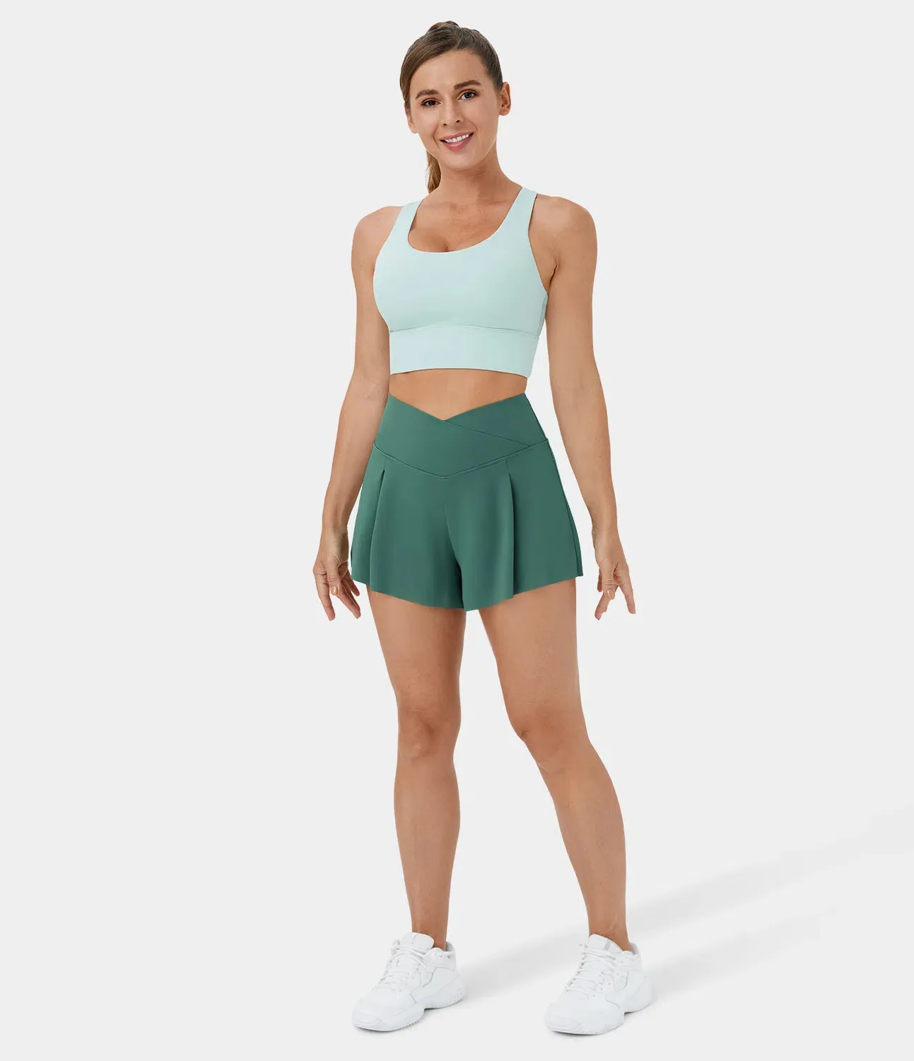 High-Waisted Crossover 2-in-1 Casual Shorts – Ruched Side & Pocket (3”)