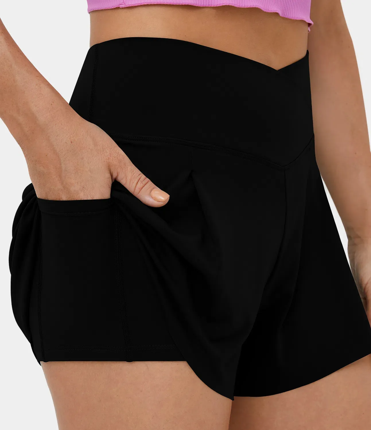 High-Waisted Crossover 2-in-1 Casual Shorts – Ruched Side & Pocket (3”)