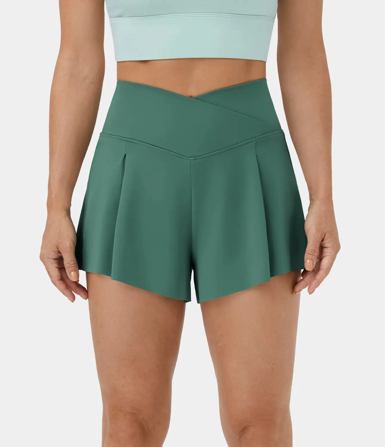 High-Waisted Crossover 2-in-1 Casual Shorts – Ruched Side & Pocket (3”)