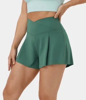 High-Waisted Crossover 2-in-1 Casual Shorts – Ruched Side & Pocket (3”)