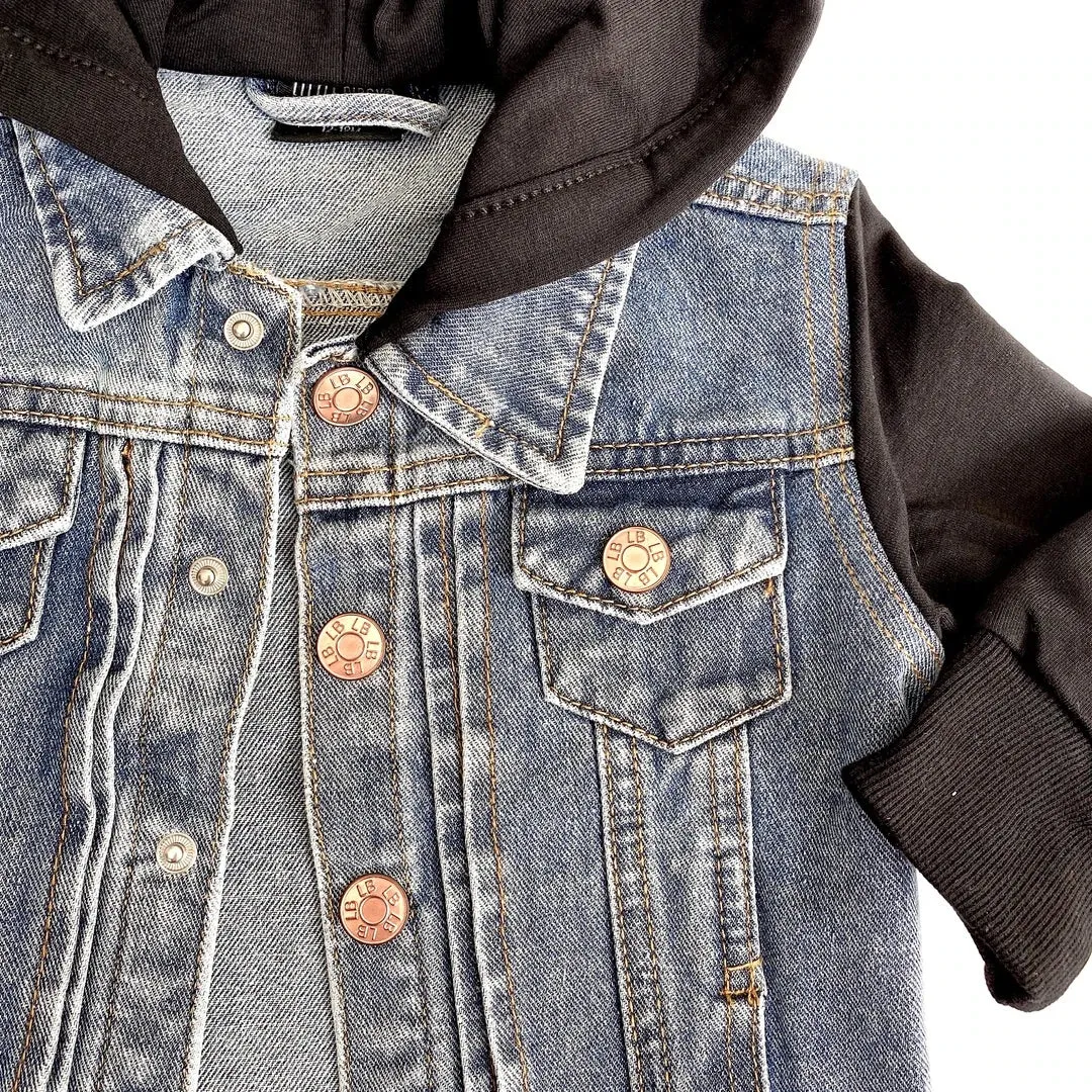 HOODED DENIM JACKET - BLACK