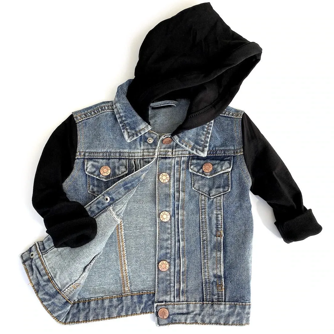 HOODED DENIM JACKET - BLACK