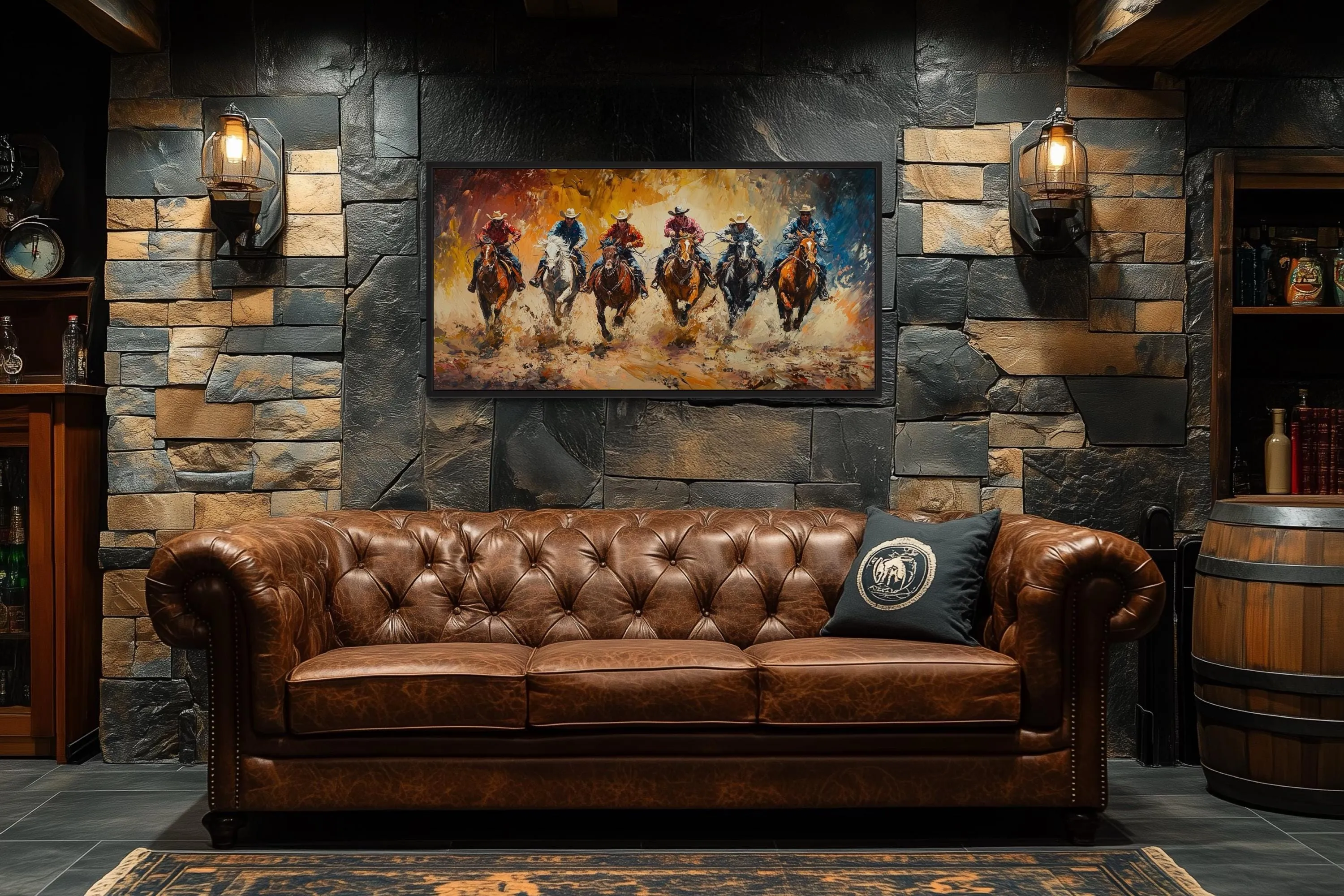 Horse Racing Riders Western Cowboy Framed Canvas Wall Art
