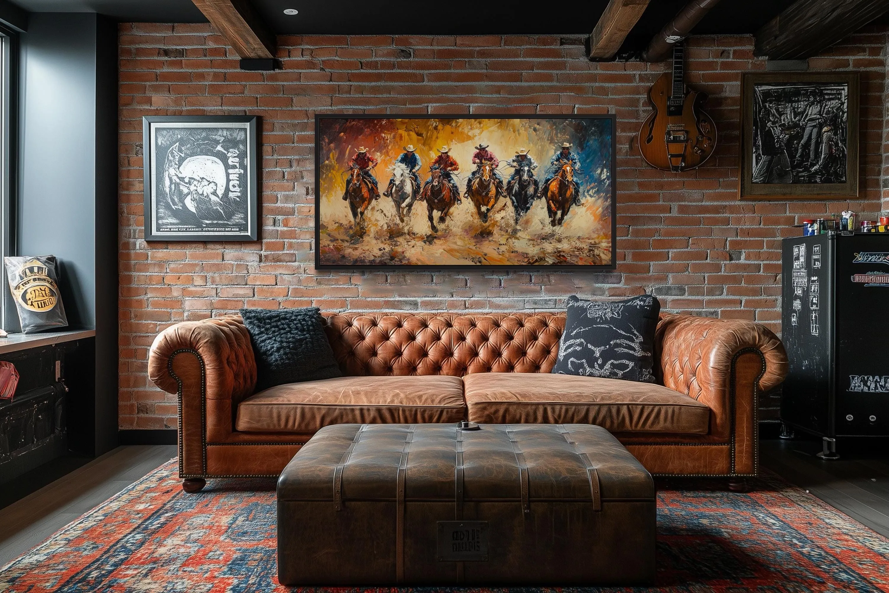 Horse Racing Riders Western Cowboy Framed Canvas Wall Art