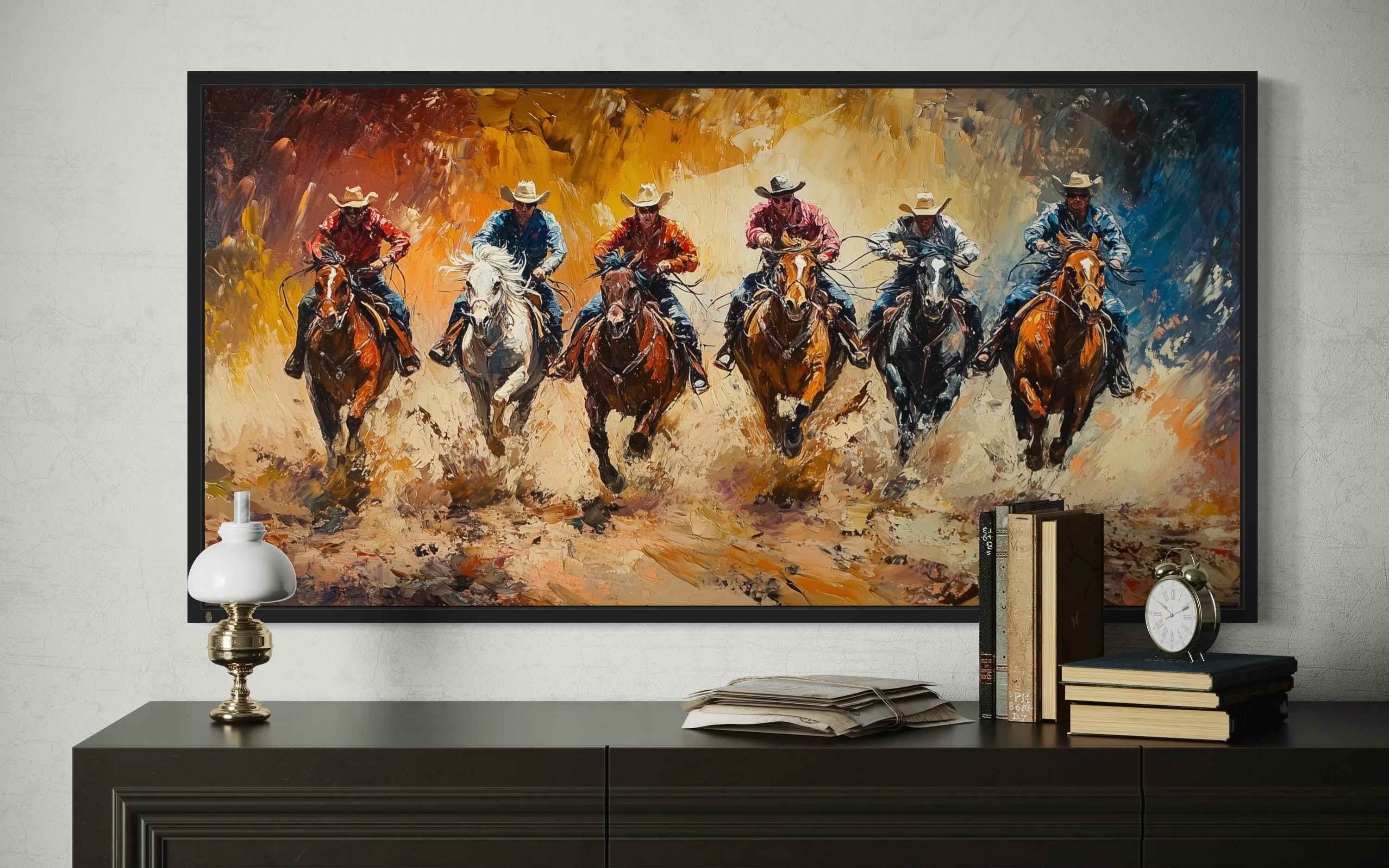 Horse Racing Riders Western Cowboy Framed Canvas Wall Art