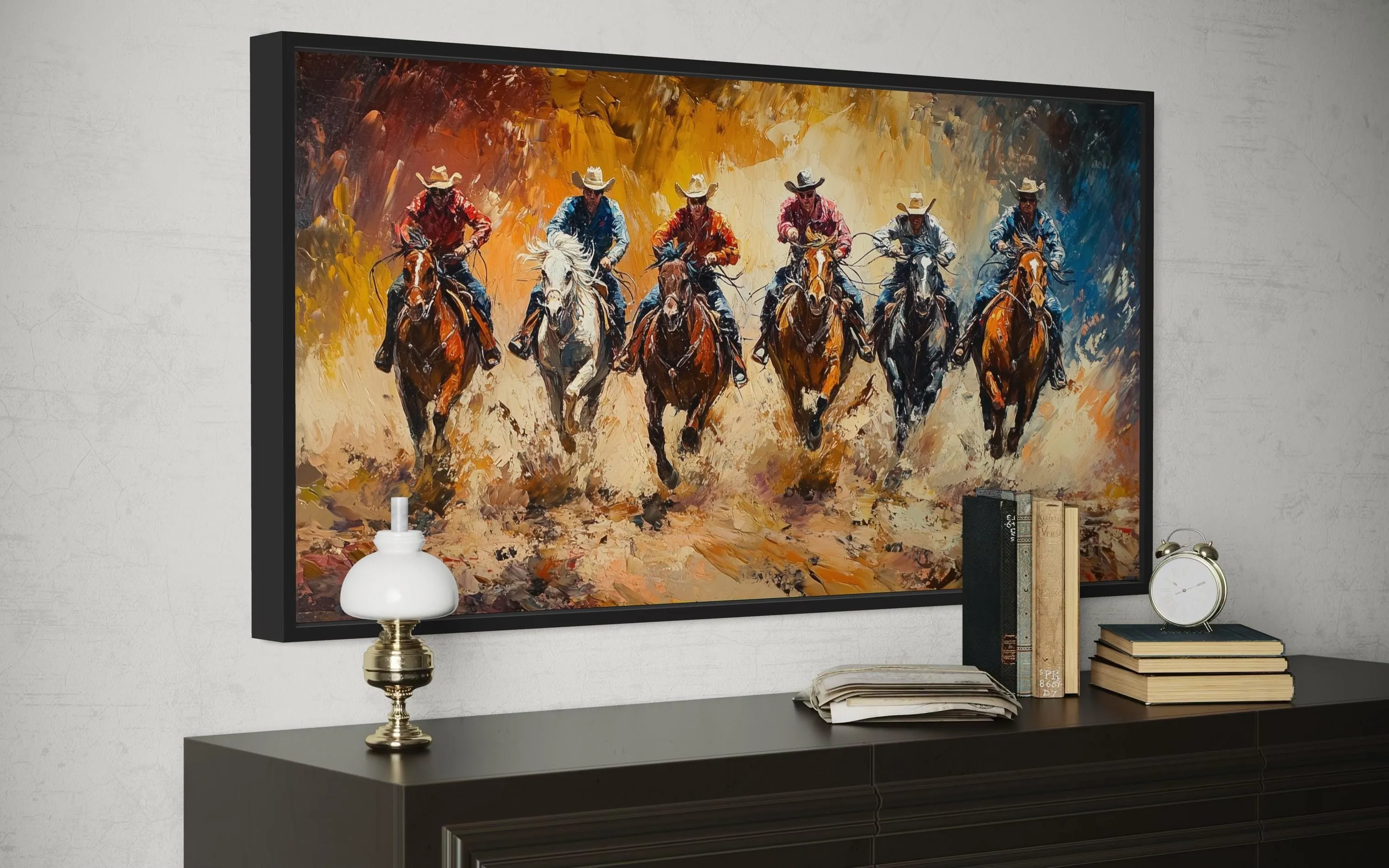Horse Racing Riders Western Cowboy Framed Canvas Wall Art