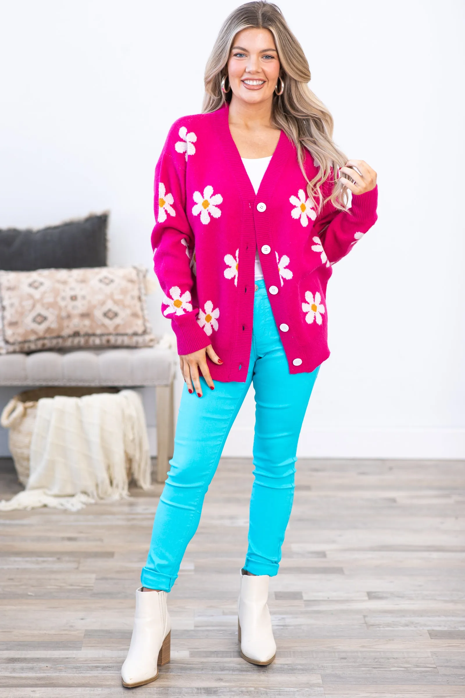 Hot Pink Daisy Floral Button Down Cardigan