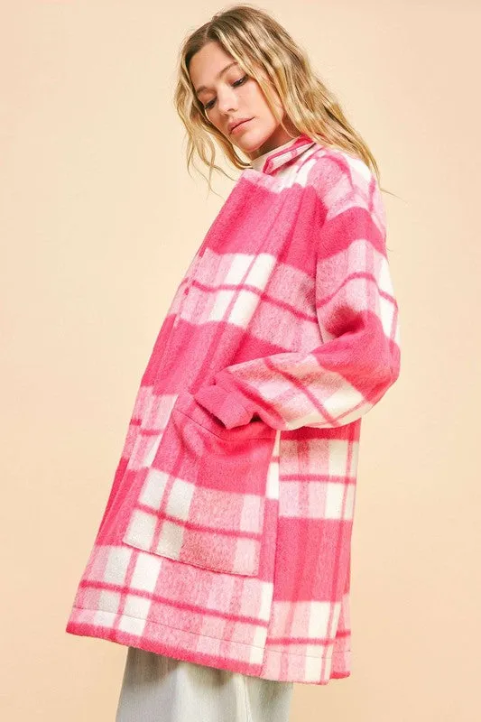 Hot Pink Plaid Open Front Drop Shoulder Longline Coat