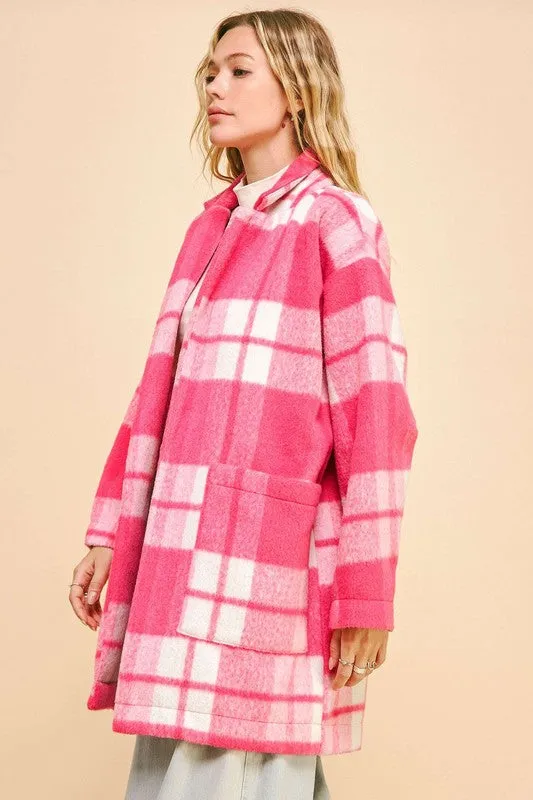 Hot Pink Plaid Open Front Drop Shoulder Longline Coat