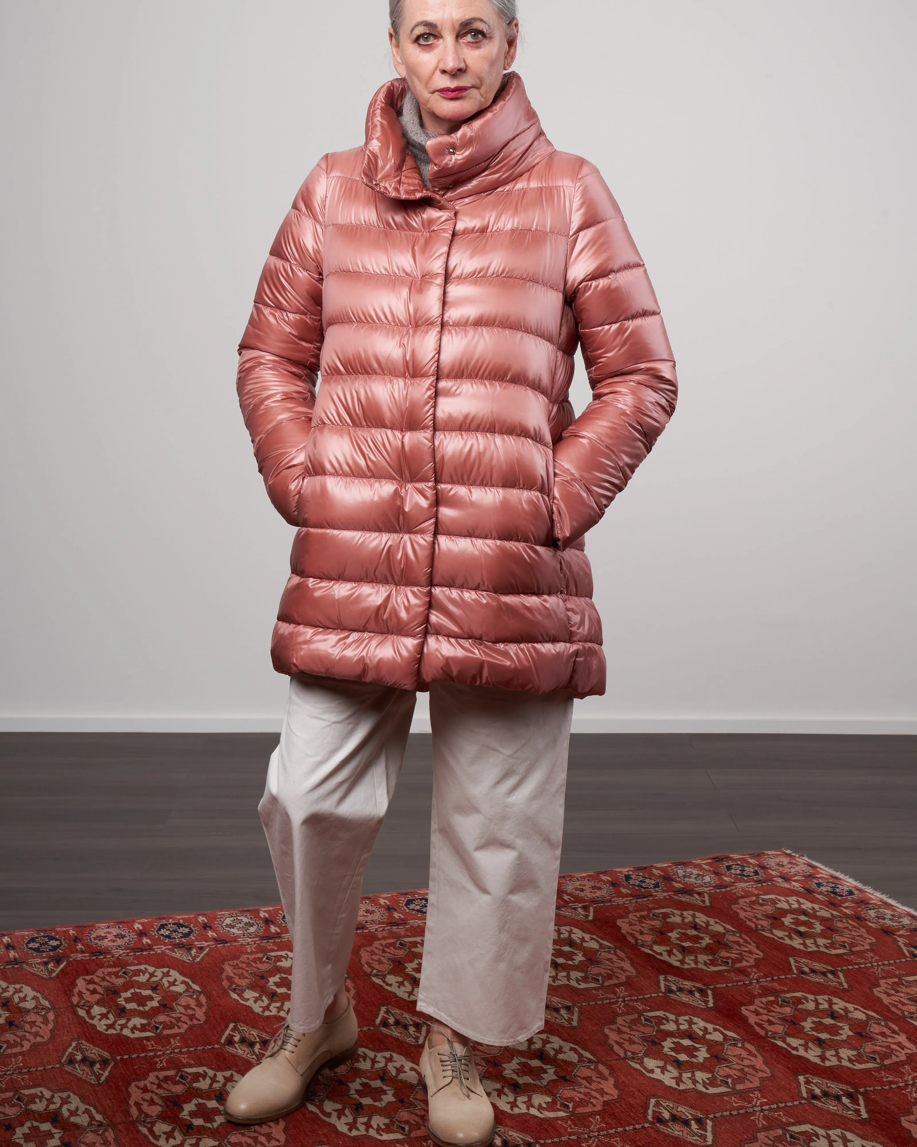 iconico nylon ultralight a-line, hi-lo coat - rosa