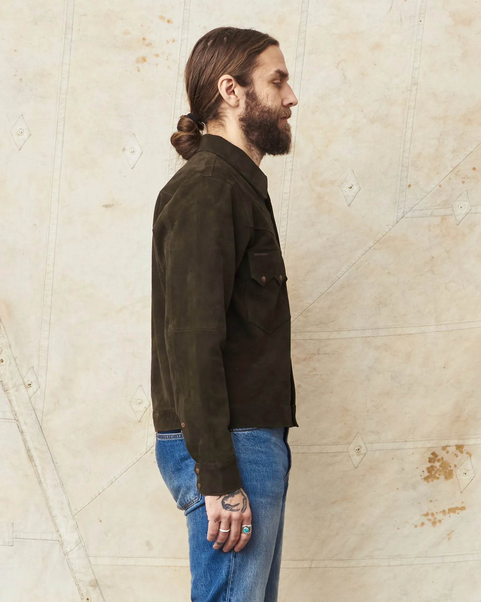 Indigofera Cooper Jacket Goat Skin Suede Dark Olive