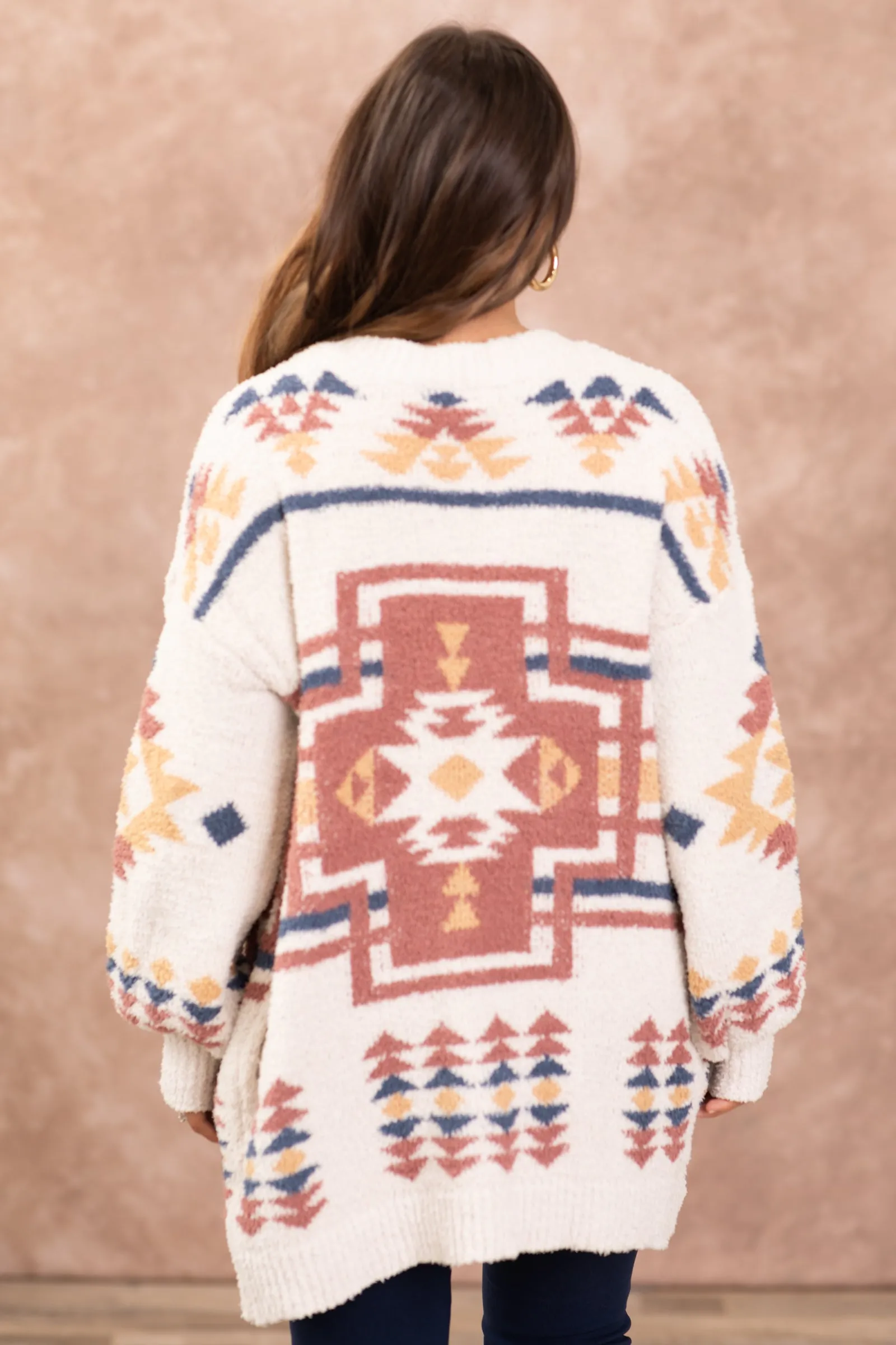 Ivory and Terra Cotta Aztec Print Cardigan