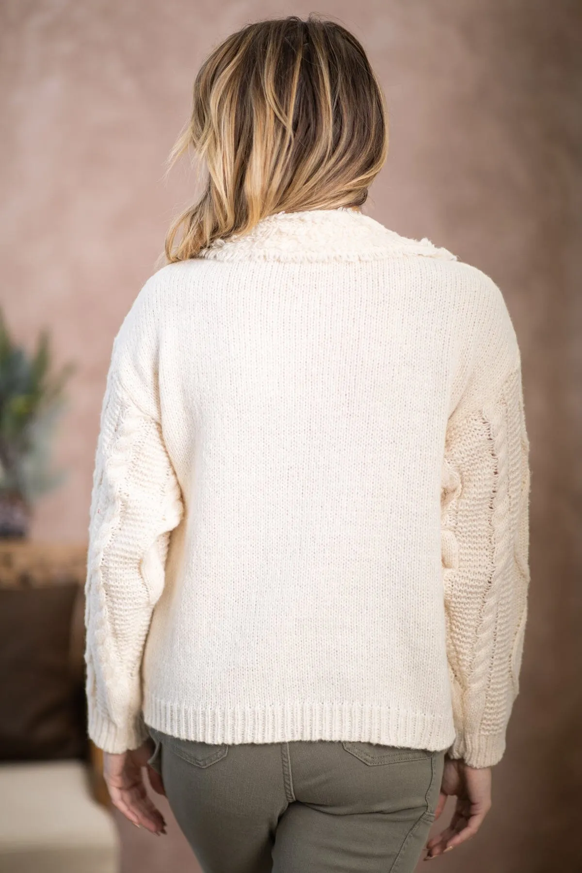 Ivory Cable Knit Sleeve Ribbed Cardigan