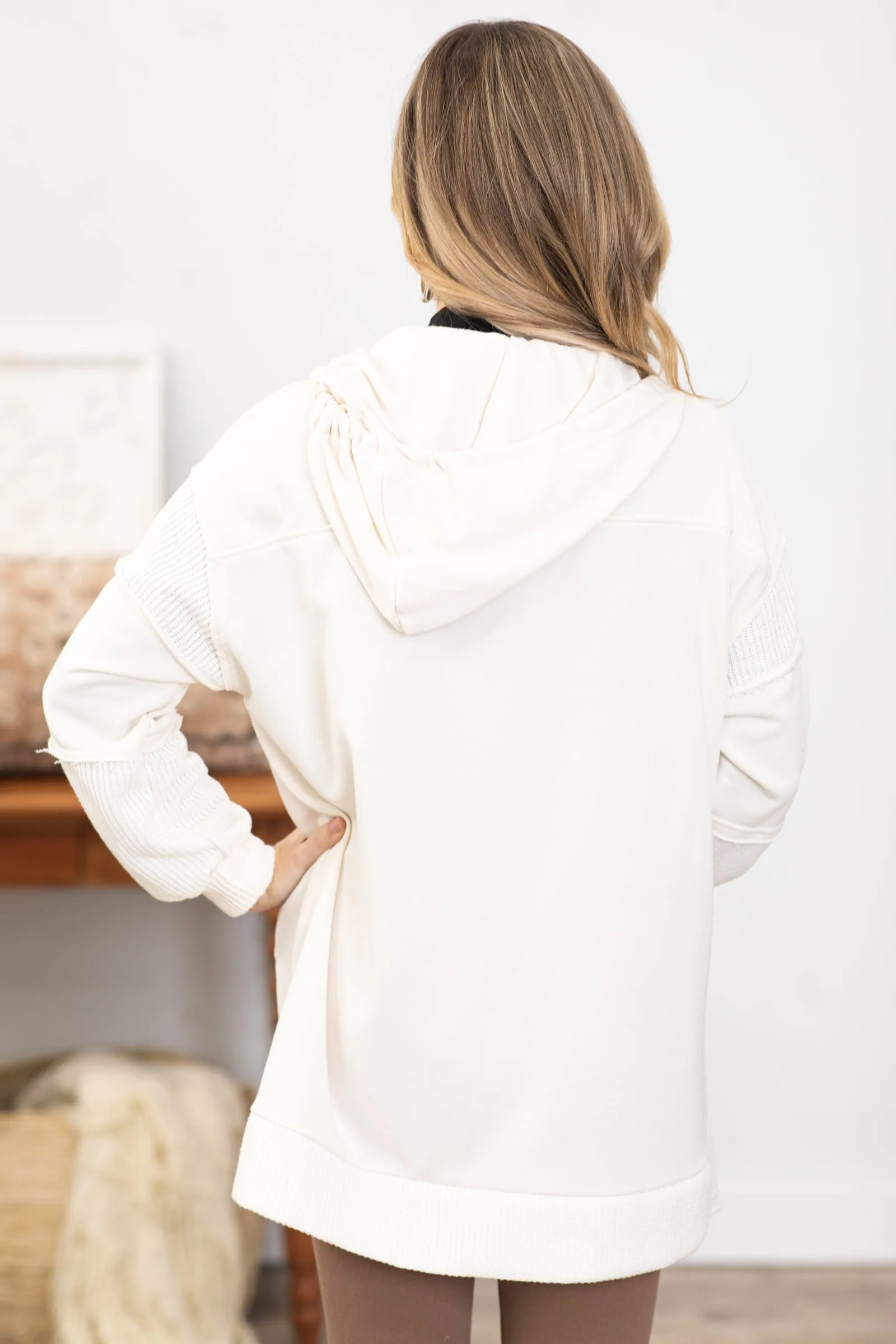 Ivory Hooded Mid Length Cardigan