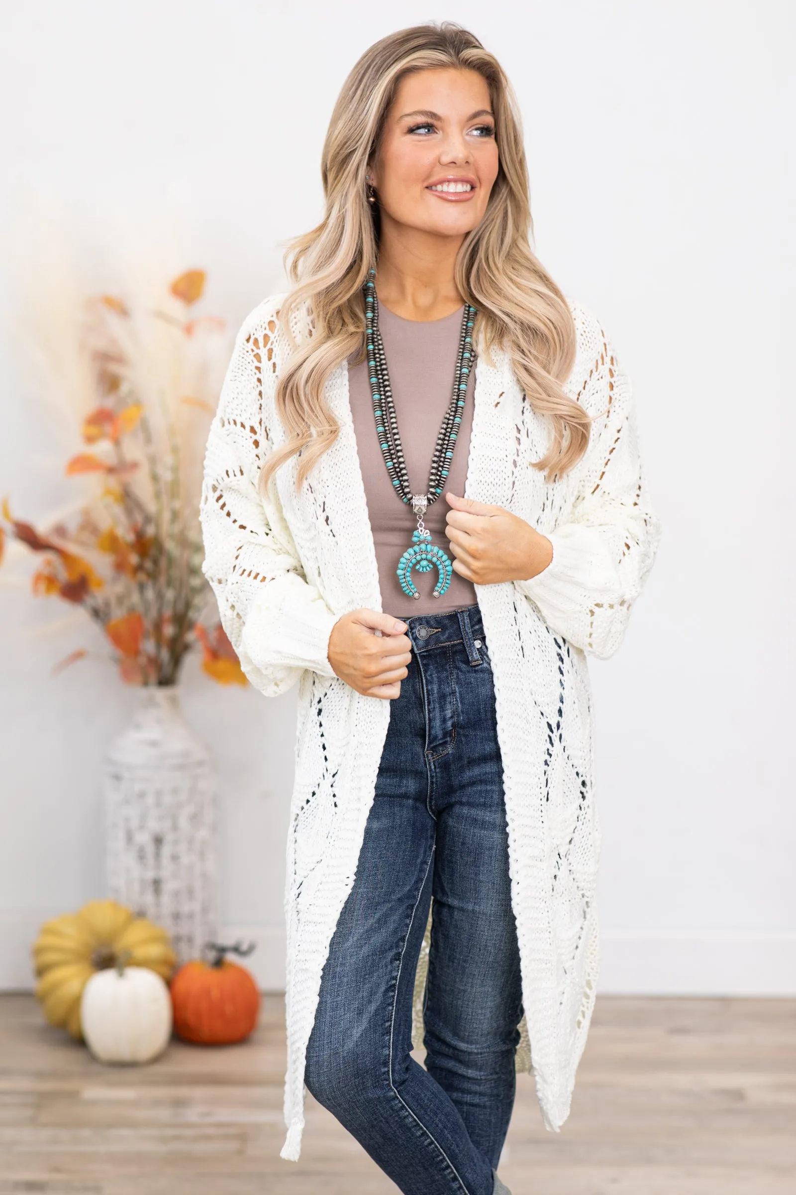 Ivory Knee Length Crochet Cradigan