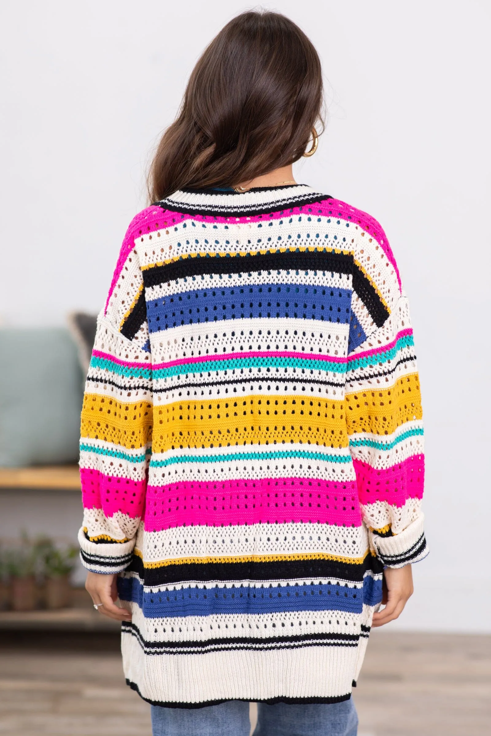 Ivory Multicolor Stripe Pointelle Cardigan