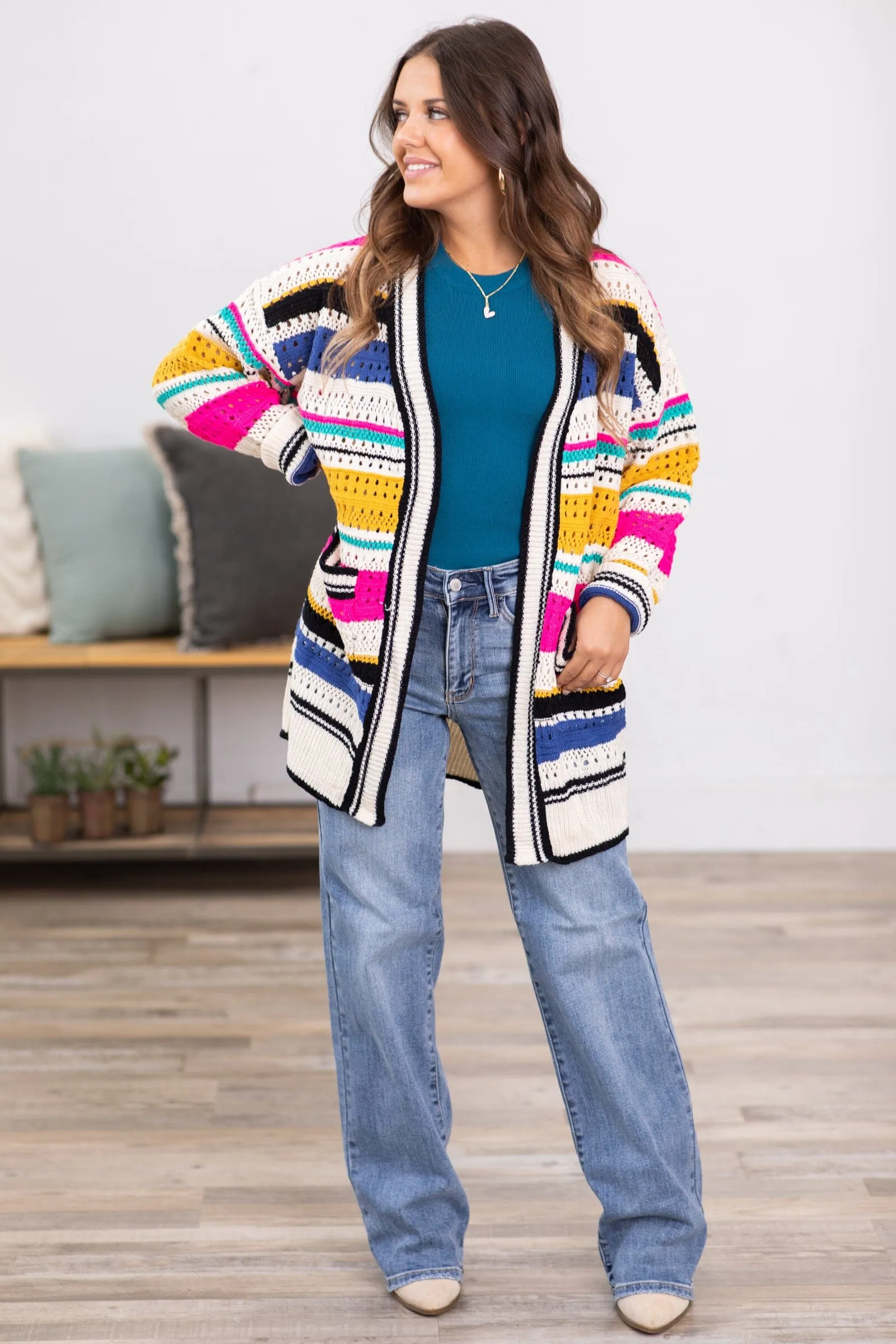 Ivory Multicolor Stripe Pointelle Cardigan
