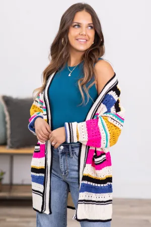 Ivory Multicolor Stripe Pointelle Cardigan