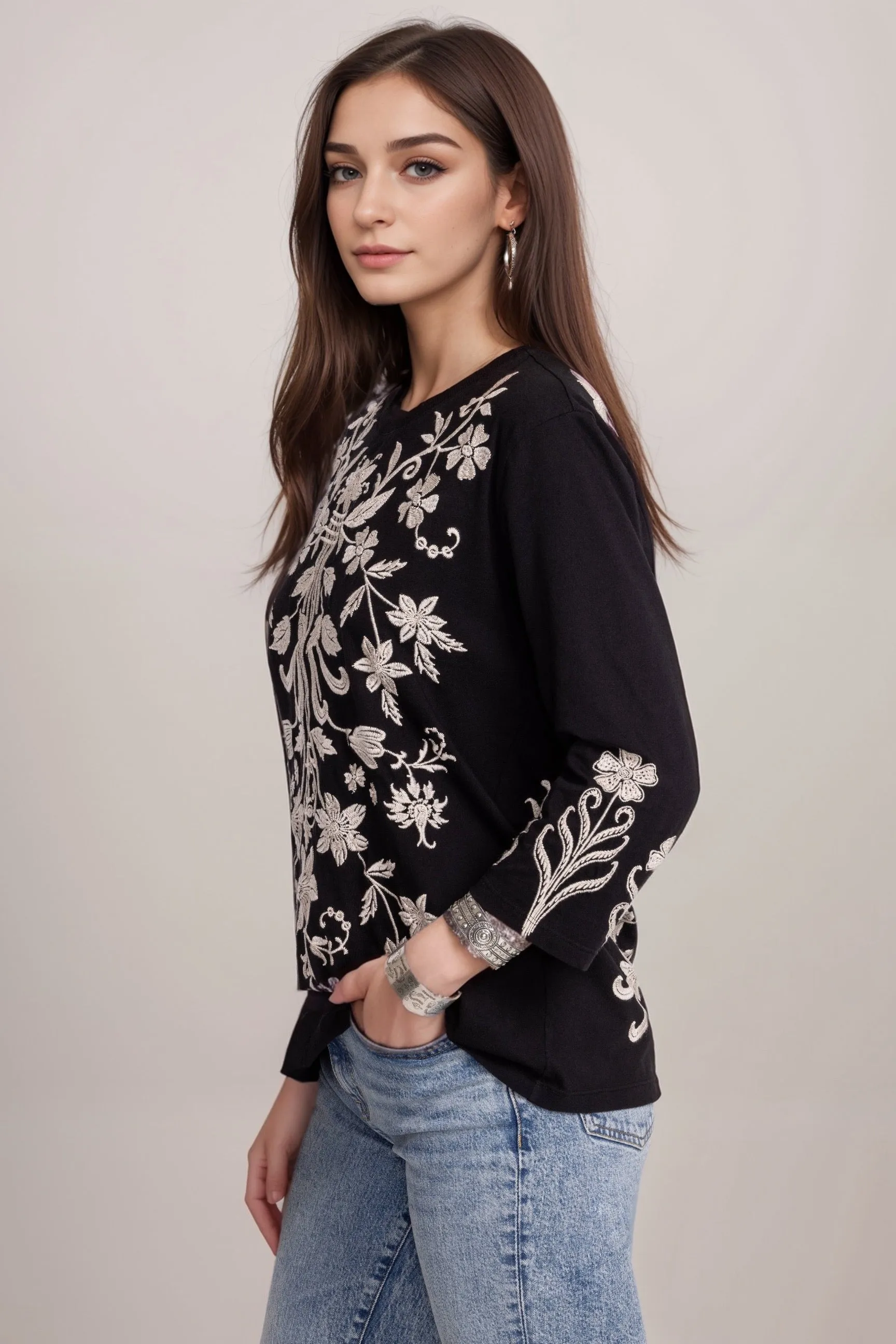Johnny Was JWLA Black Talithia 3/4 Sleeve Crew Neck Tee J16324