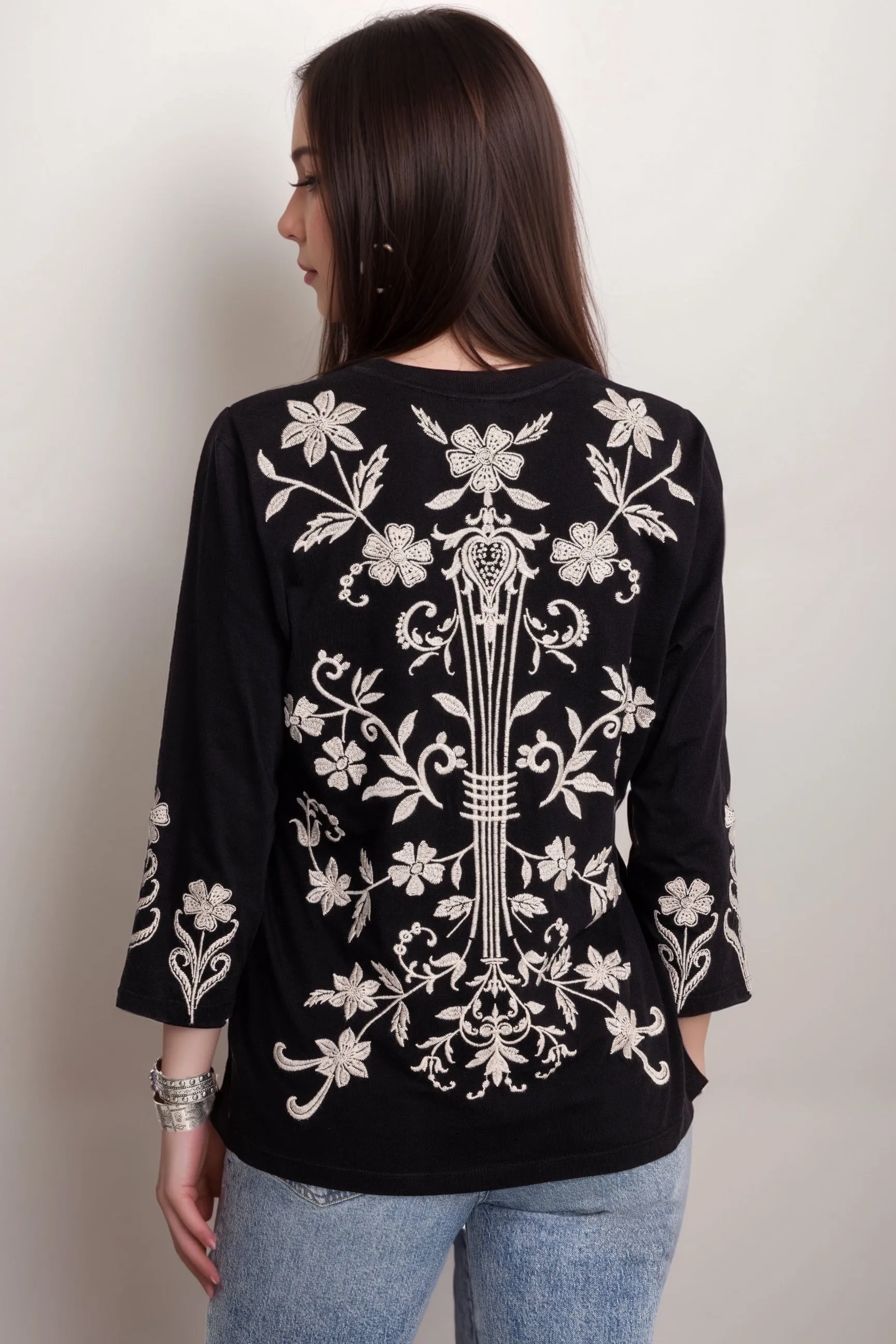 Johnny Was JWLA Black Talithia 3/4 Sleeve Crew Neck Tee J16324