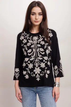 Johnny Was JWLA Black Talithia 3/4 Sleeve Crew Neck Tee J16324
