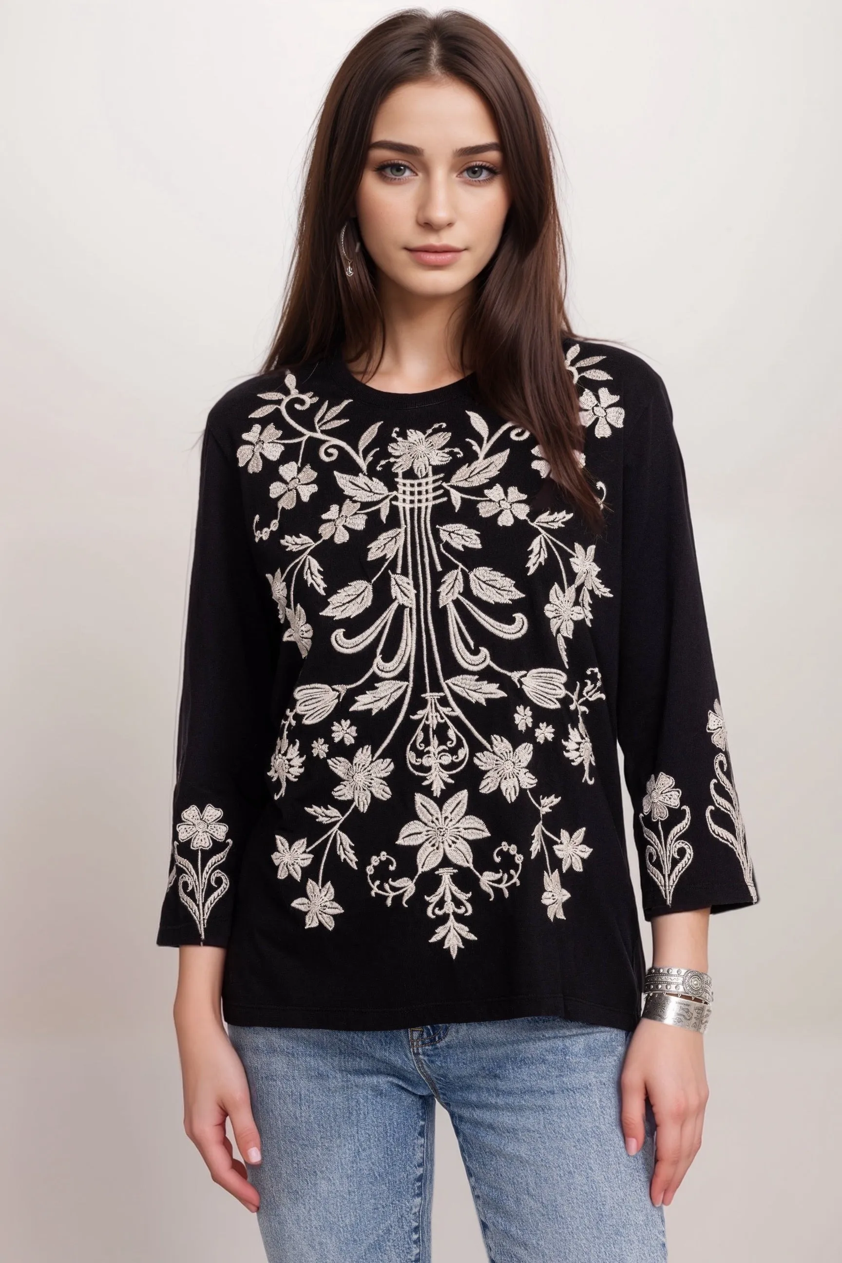 Johnny Was JWLA Black Talithia 3/4 Sleeve Crew Neck Tee J16324