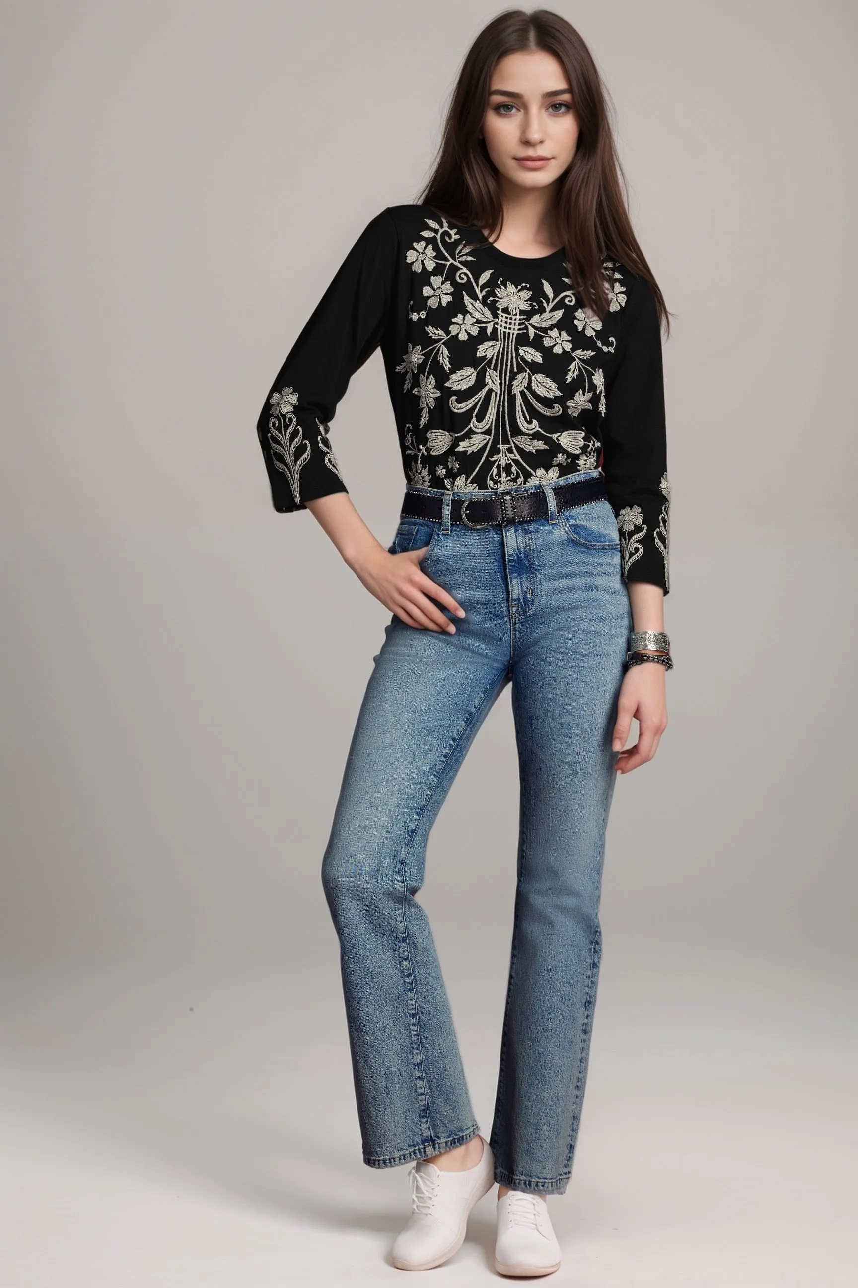 Johnny Was JWLA Black Talithia 3/4 Sleeve Crew Neck Tee J16324