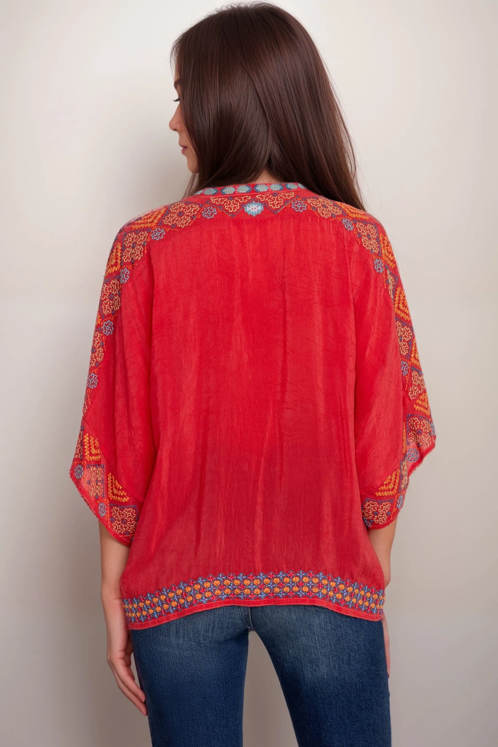 Johnny Was Red Brony Embroidered Blouse C16524