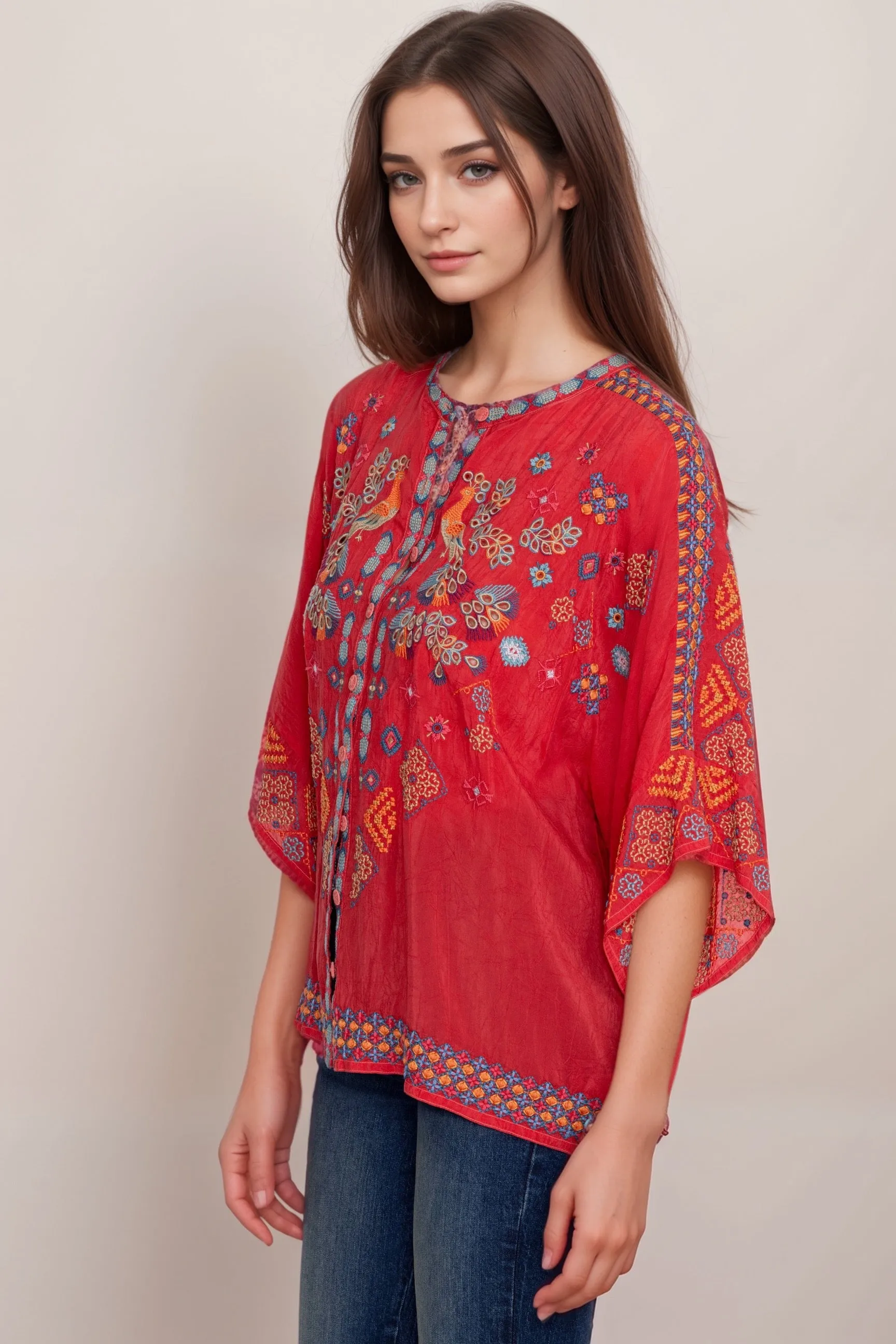 Johnny Was Red Brony Embroidered Blouse C16524