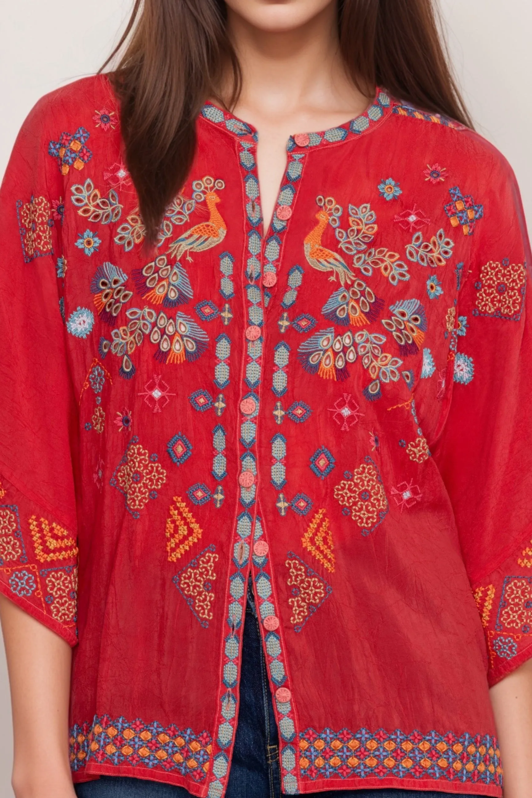 Johnny Was Red Brony Embroidered Blouse C16524