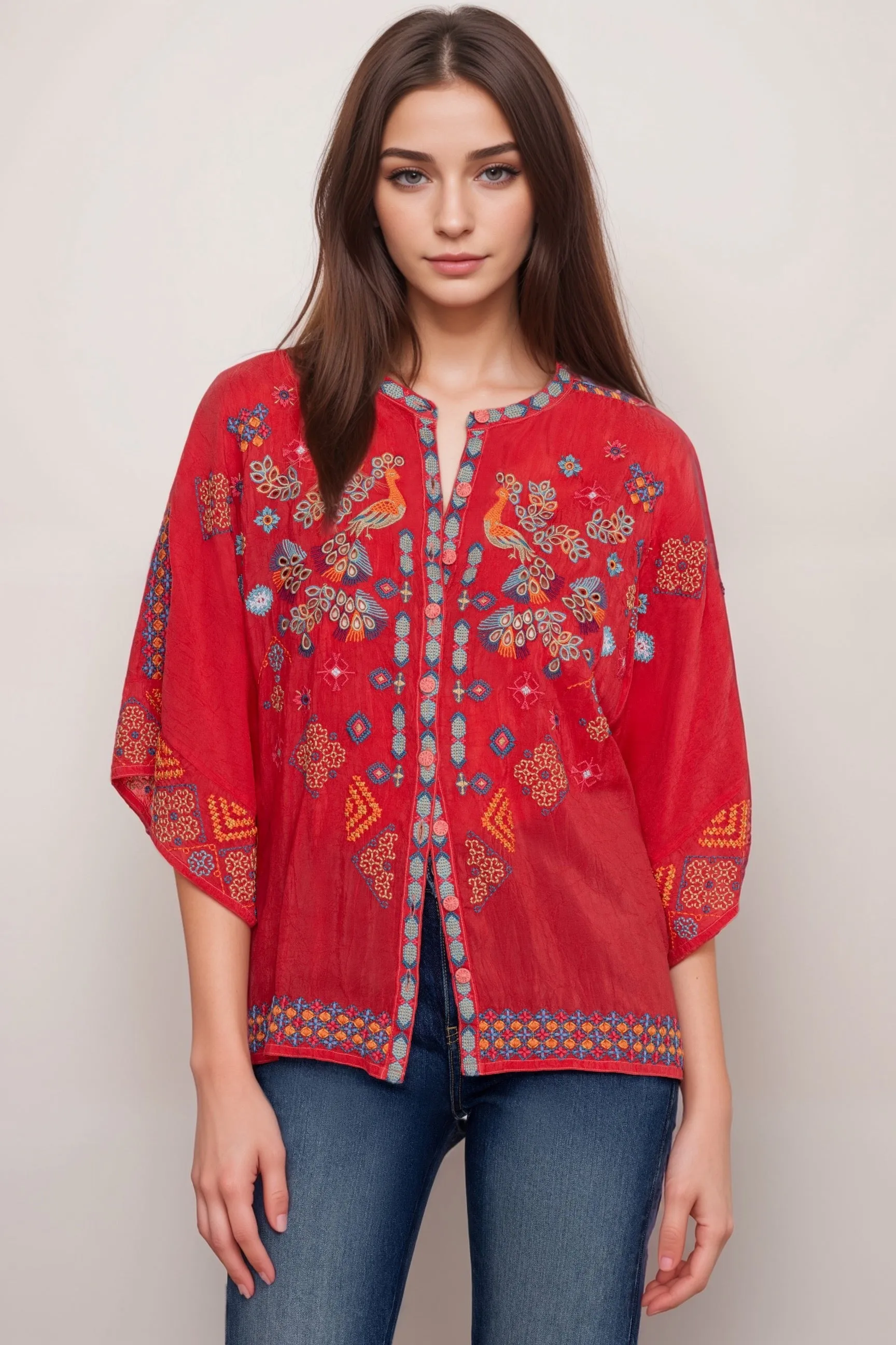 Johnny Was Red Brony Embroidered Blouse C16524