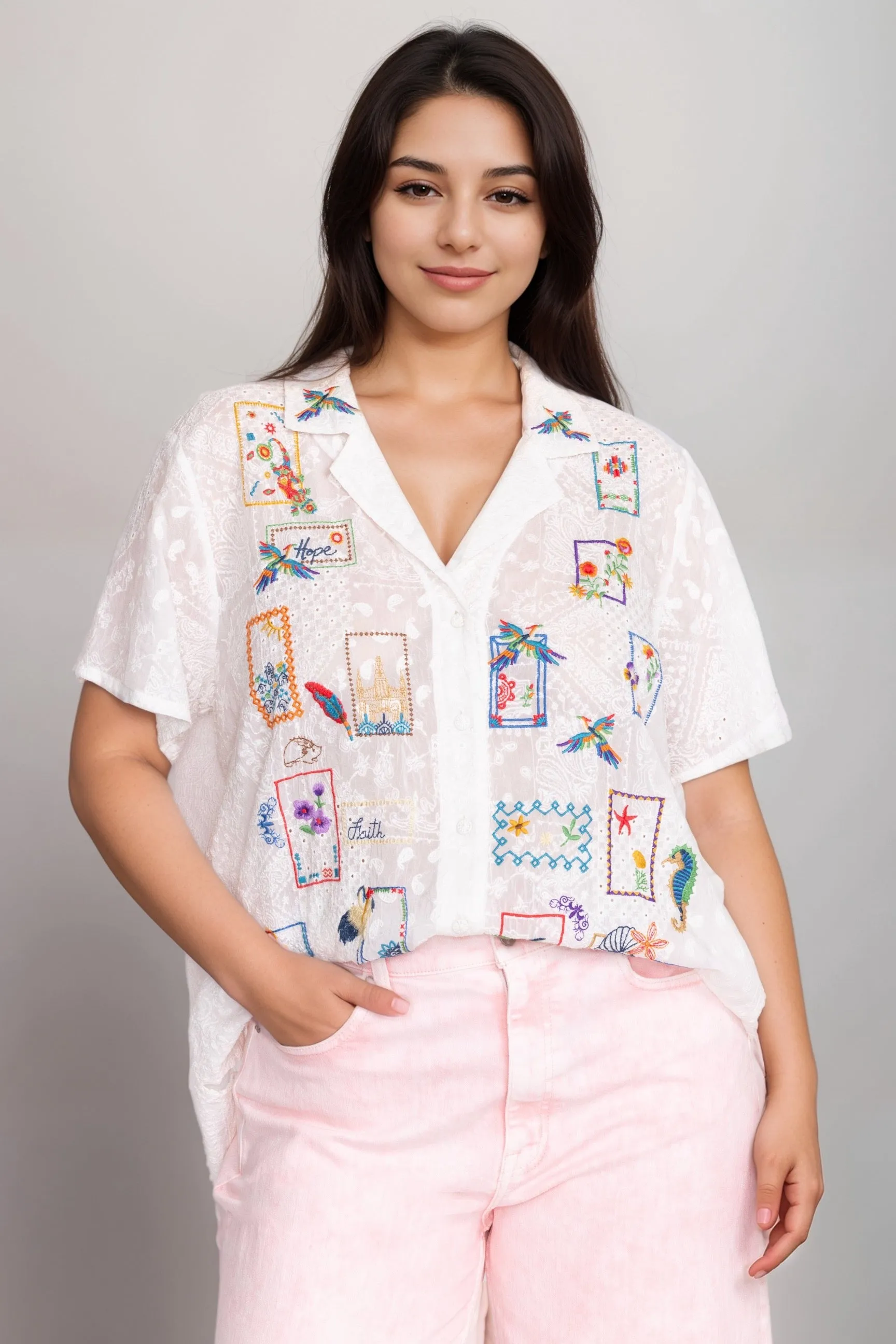 Johnny Was White Andreia Cooper Embroidered Button-Up C14524 Plus Size