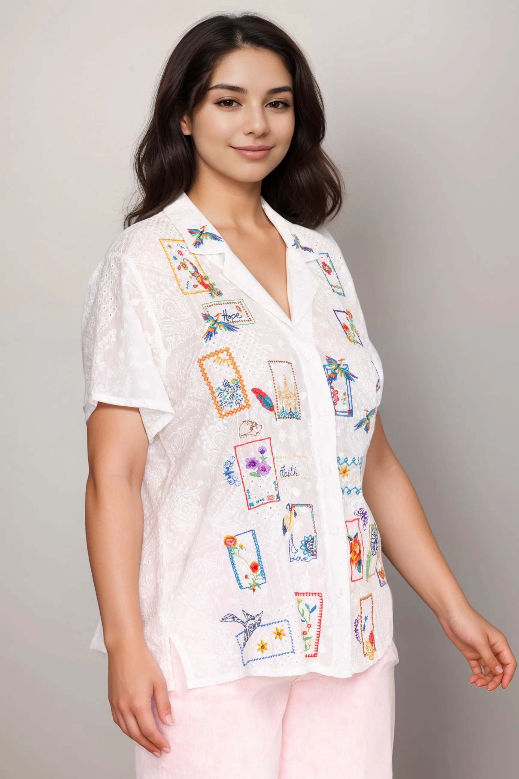 Johnny Was White Andreia Cooper Embroidered Button-Up C14524 Plus Size