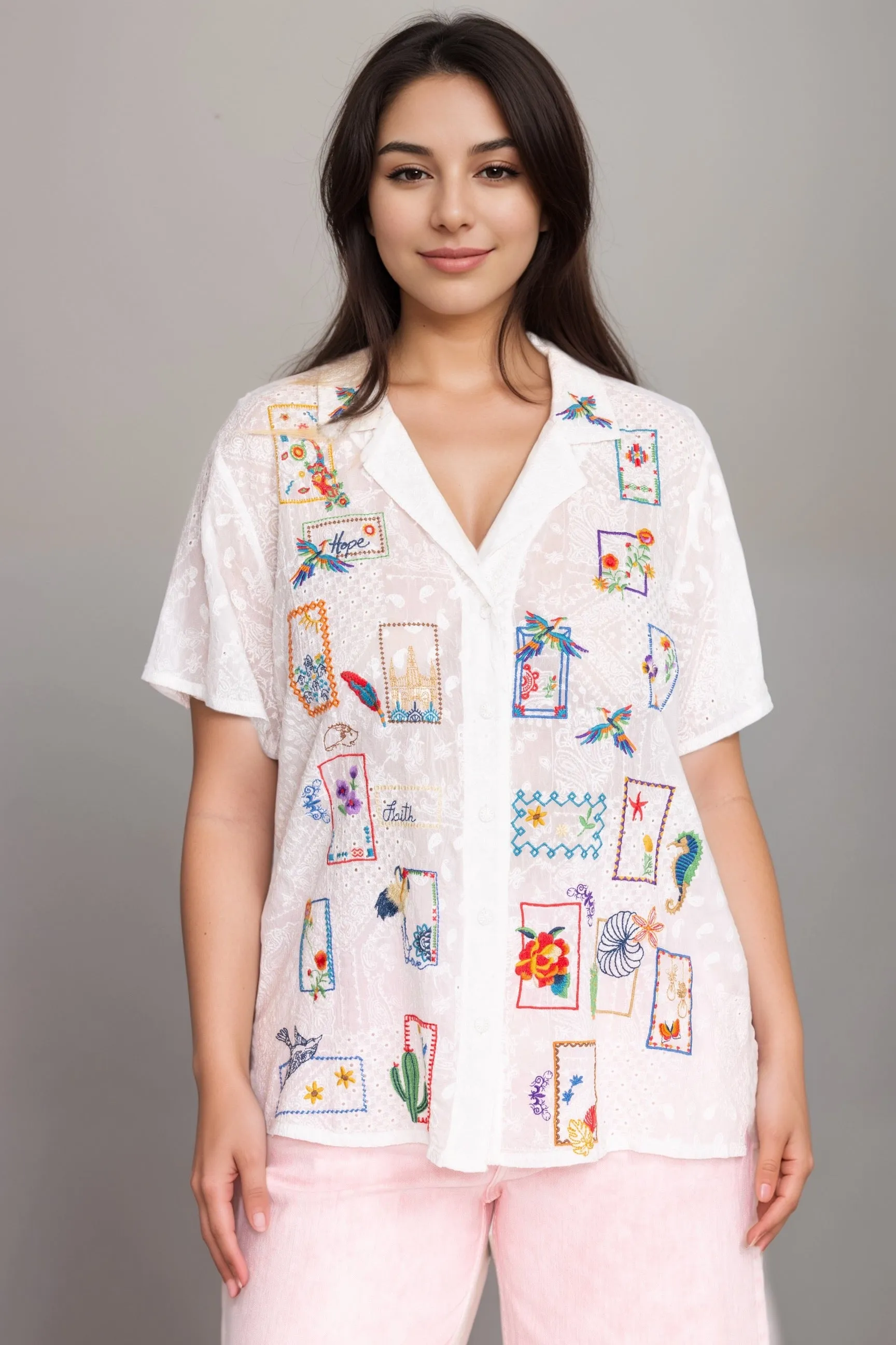 Johnny Was White Andreia Cooper Embroidered Button-Up C14524 Plus Size