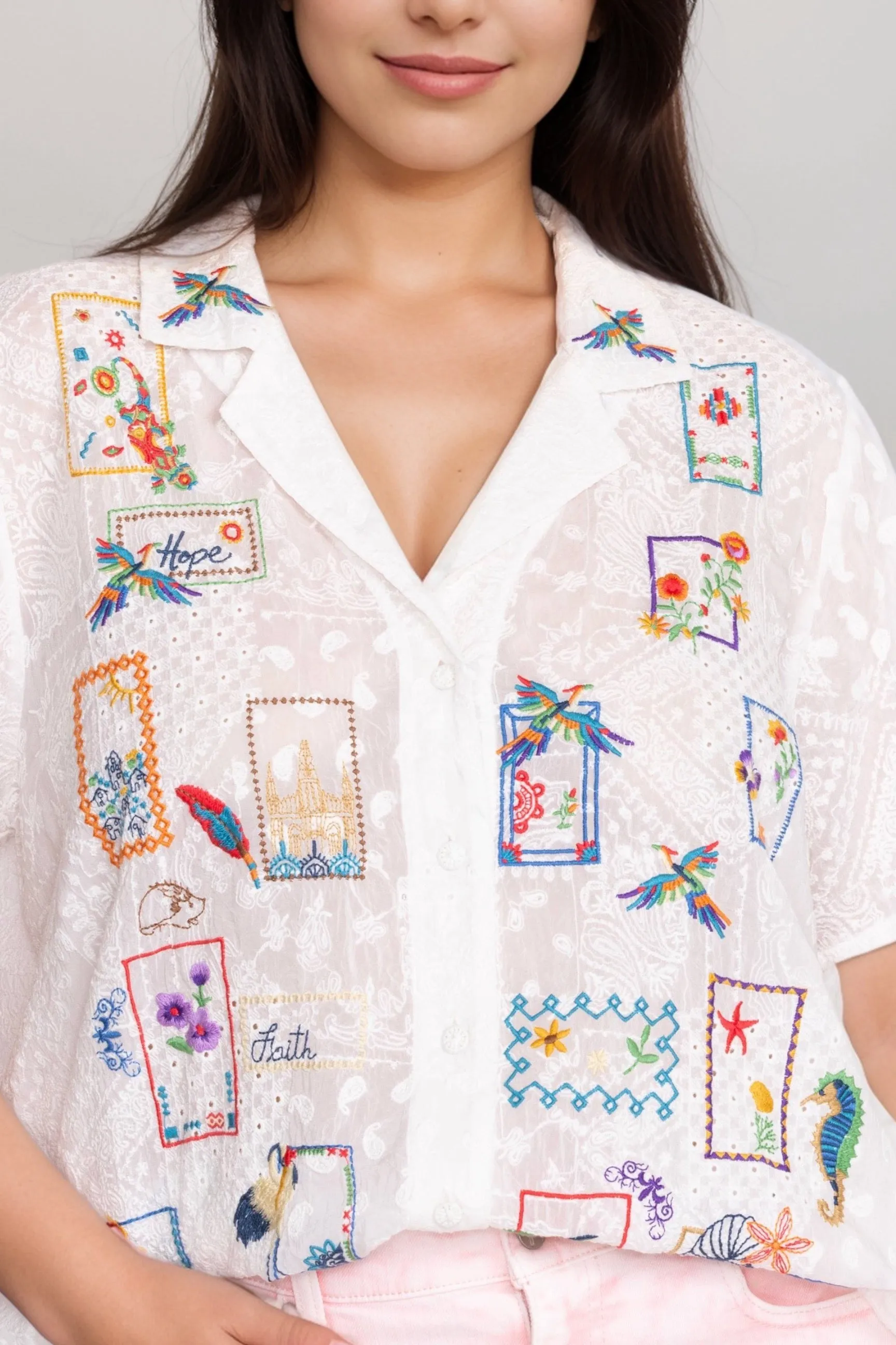 Johnny Was White Andreia Cooper Embroidered Button-Up C14524 Plus Size