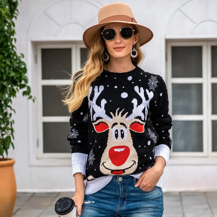 Jolly Reindeer Long Sleeve Knit Holiday Sweater