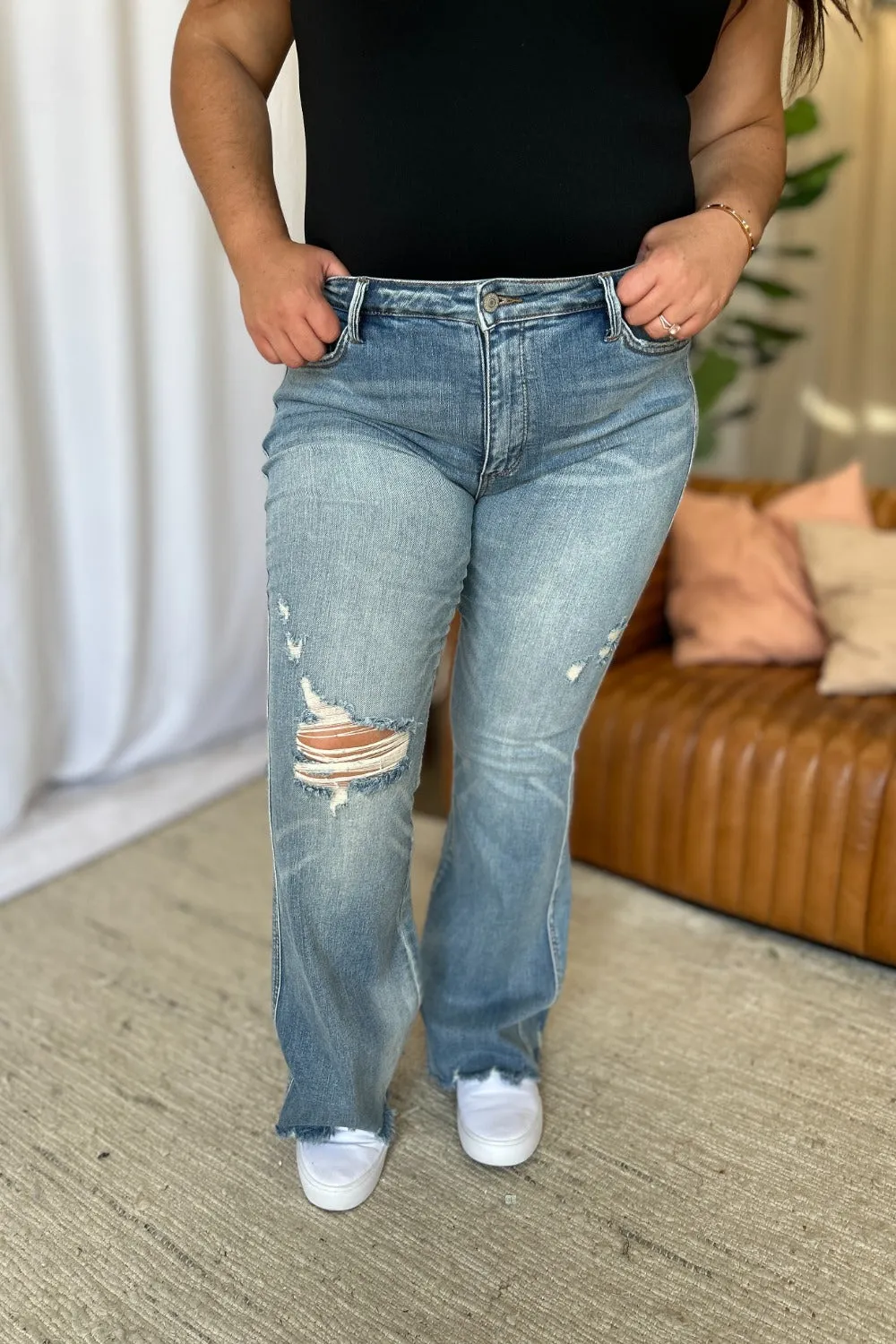 Judy Blue Full Size Medium Rise Tummy Control Distressed Flare Jeans with Raw Hem