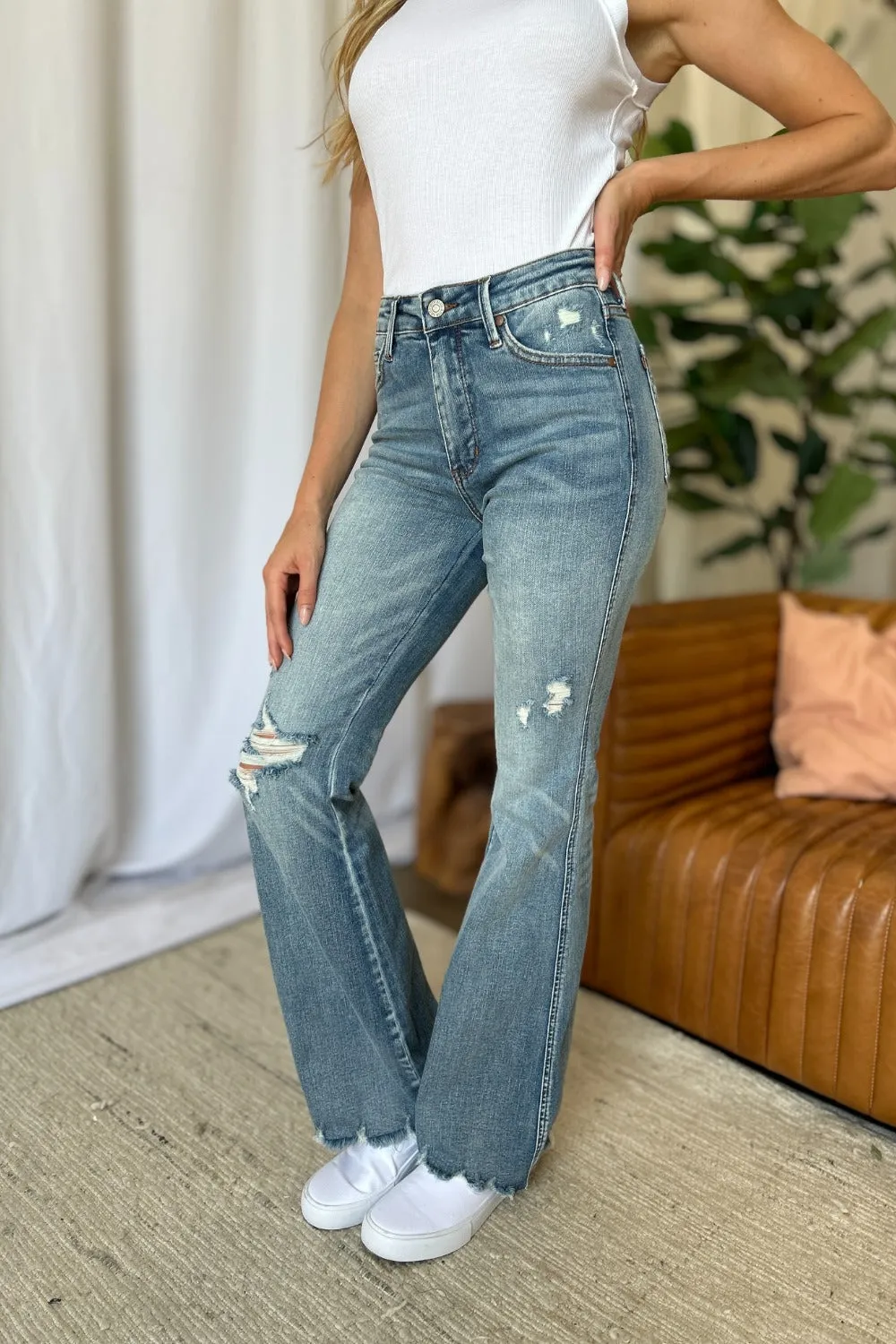 Judy Blue Full Size Medium Rise Tummy Control Distressed Flare Jeans with Raw Hem