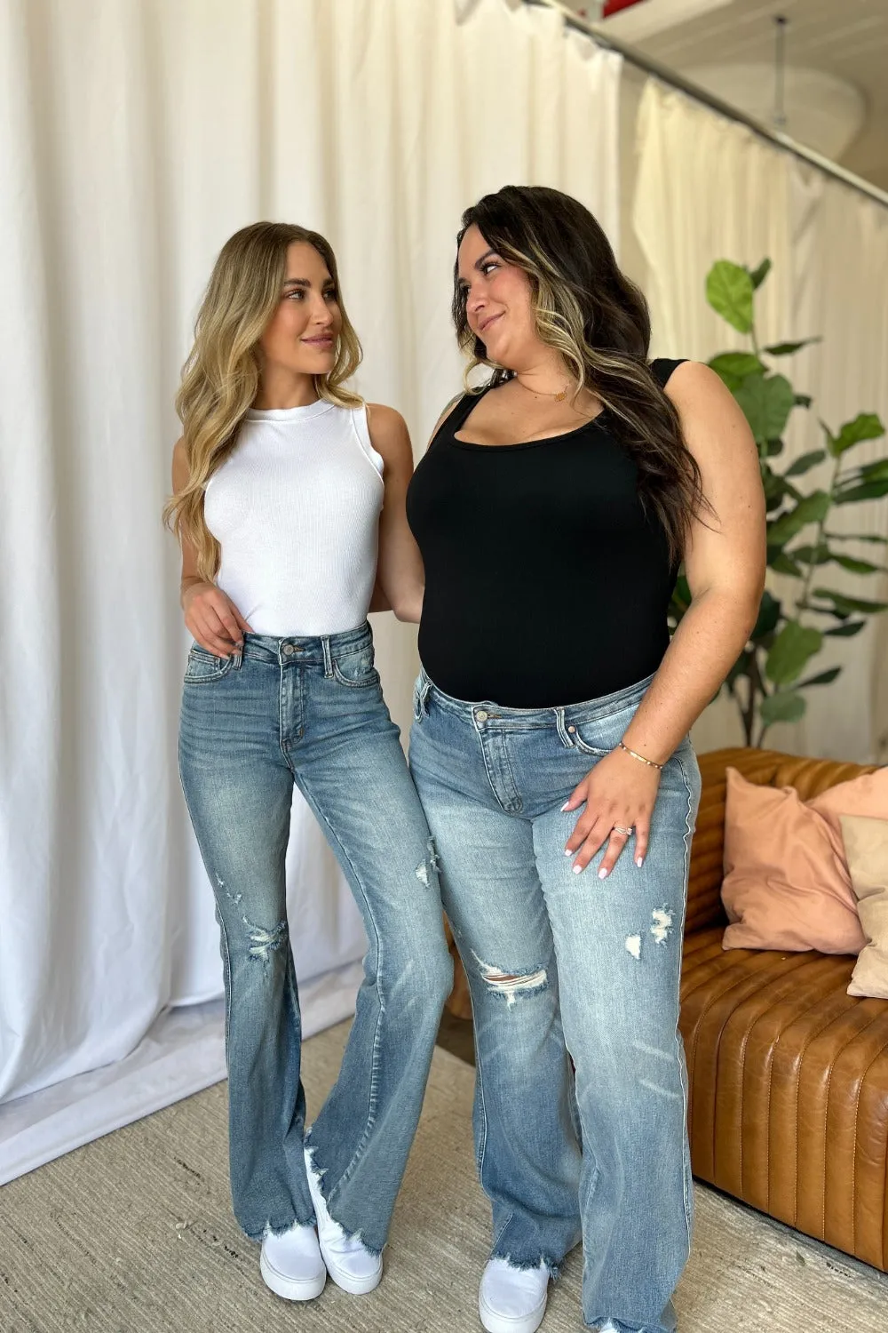 Judy Blue Full Size Medium Rise Tummy Control Distressed Flare Jeans with Raw Hem