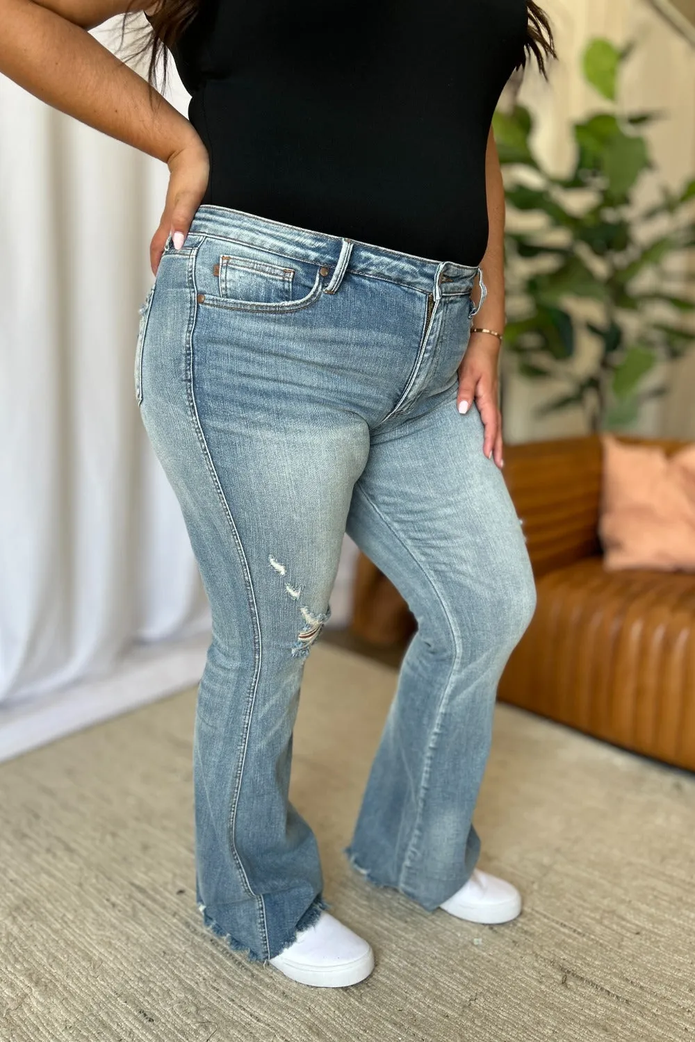 Judy Blue Full Size Medium Rise Tummy Control Distressed Flare Jeans with Raw Hem