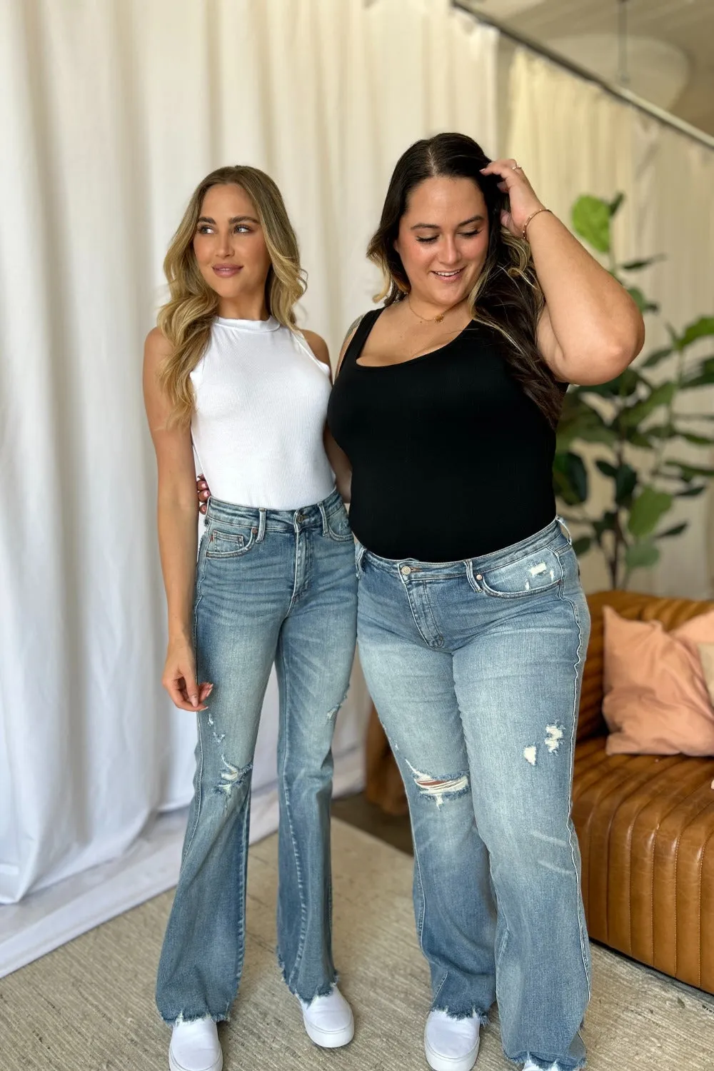 Judy Blue Full Size Medium Rise Tummy Control Distressed Flare Jeans with Raw Hem
