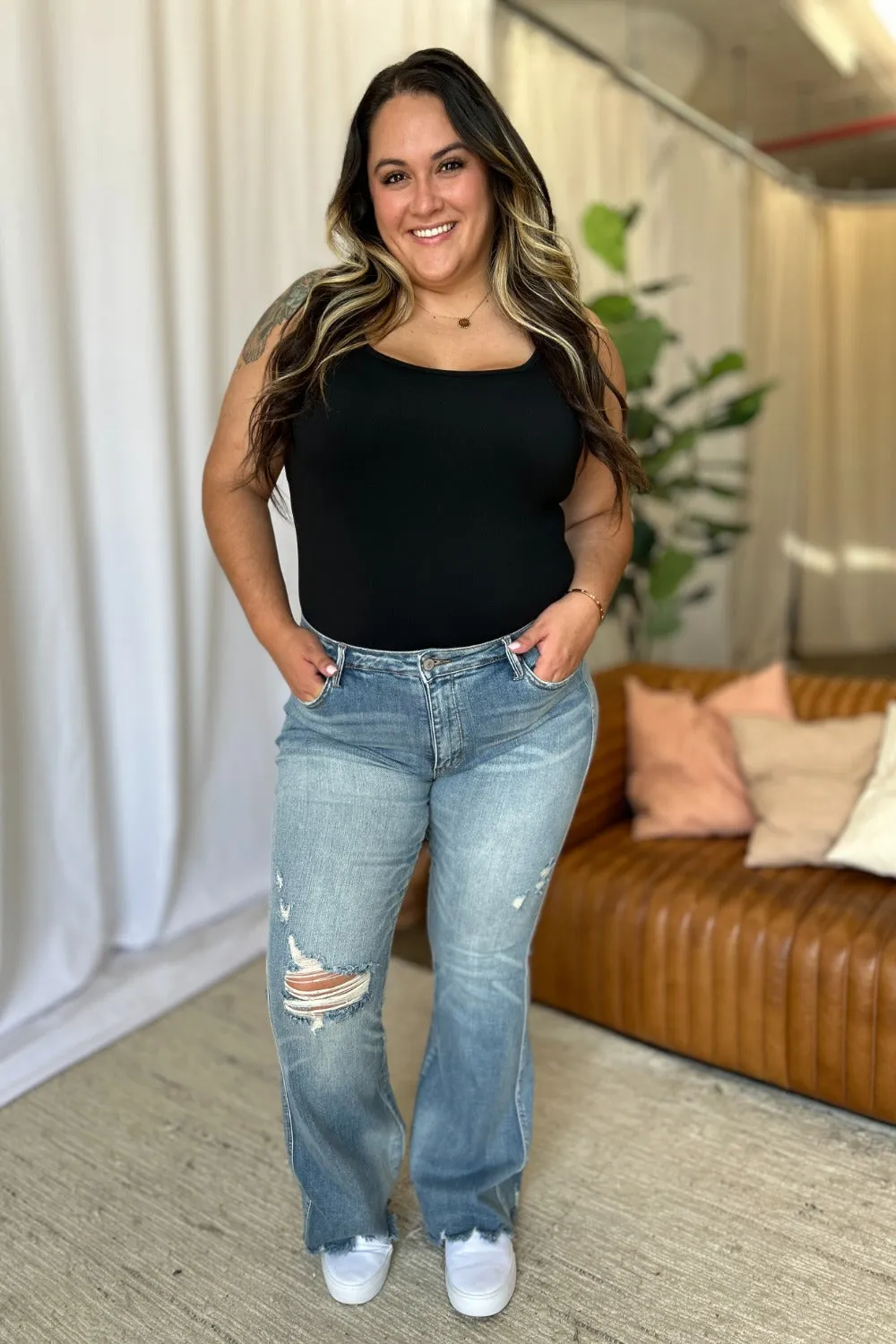 Judy Blue Full Size Medium Rise Tummy Control Distressed Flare Jeans with Raw Hem