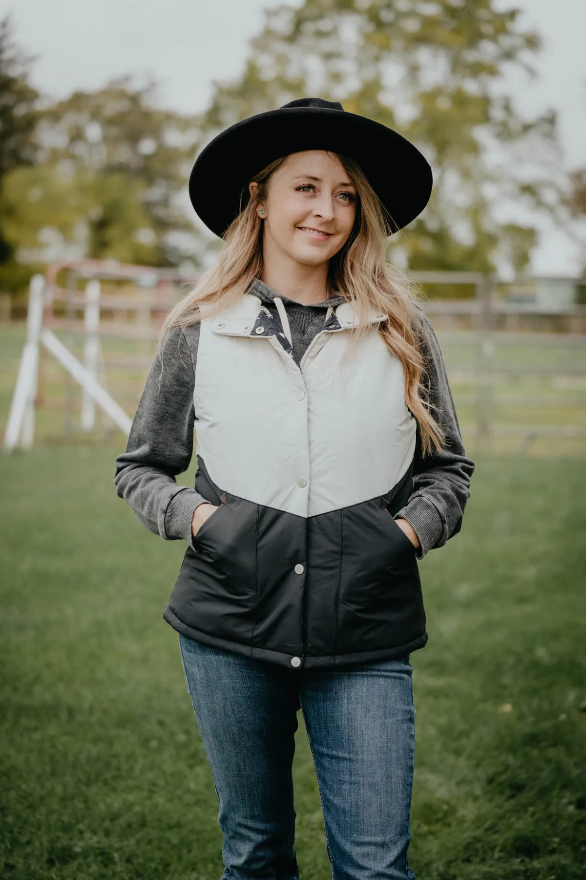 'Juneau' Women's Cruel Denim Colour Block Puffer Vest (XS & S ONLY)
