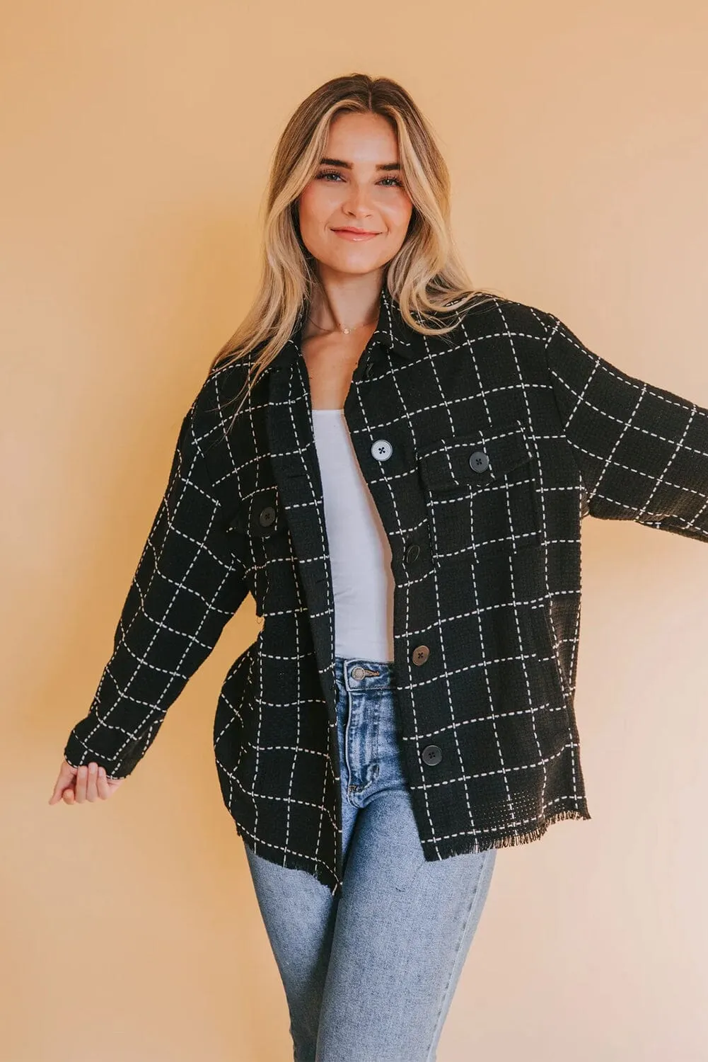 KaleaBoutique Contrast Lattice Textured Buttons Flap Pocket Shacket