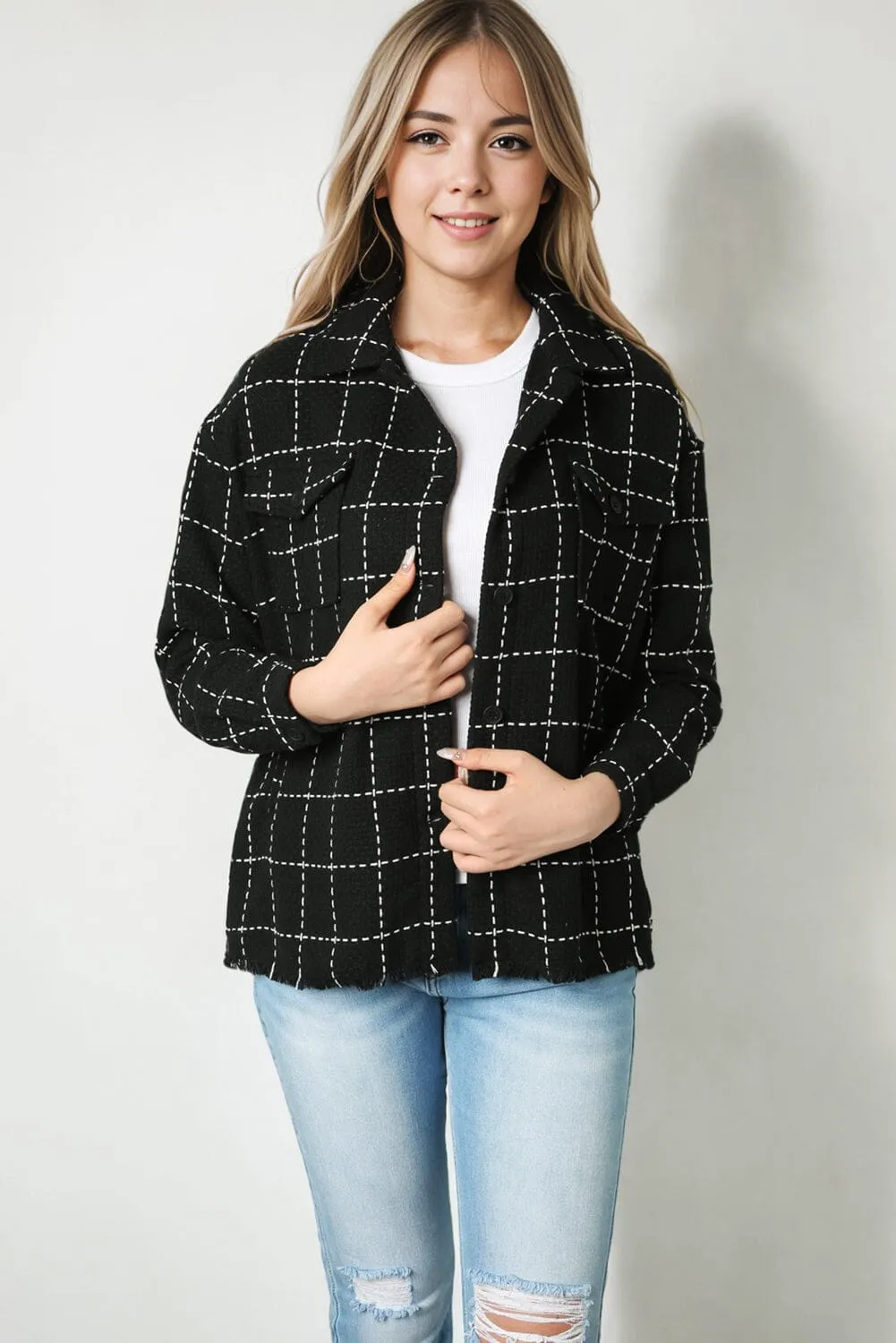 KaleaBoutique Contrast Lattice Textured Buttons Flap Pocket Shacket