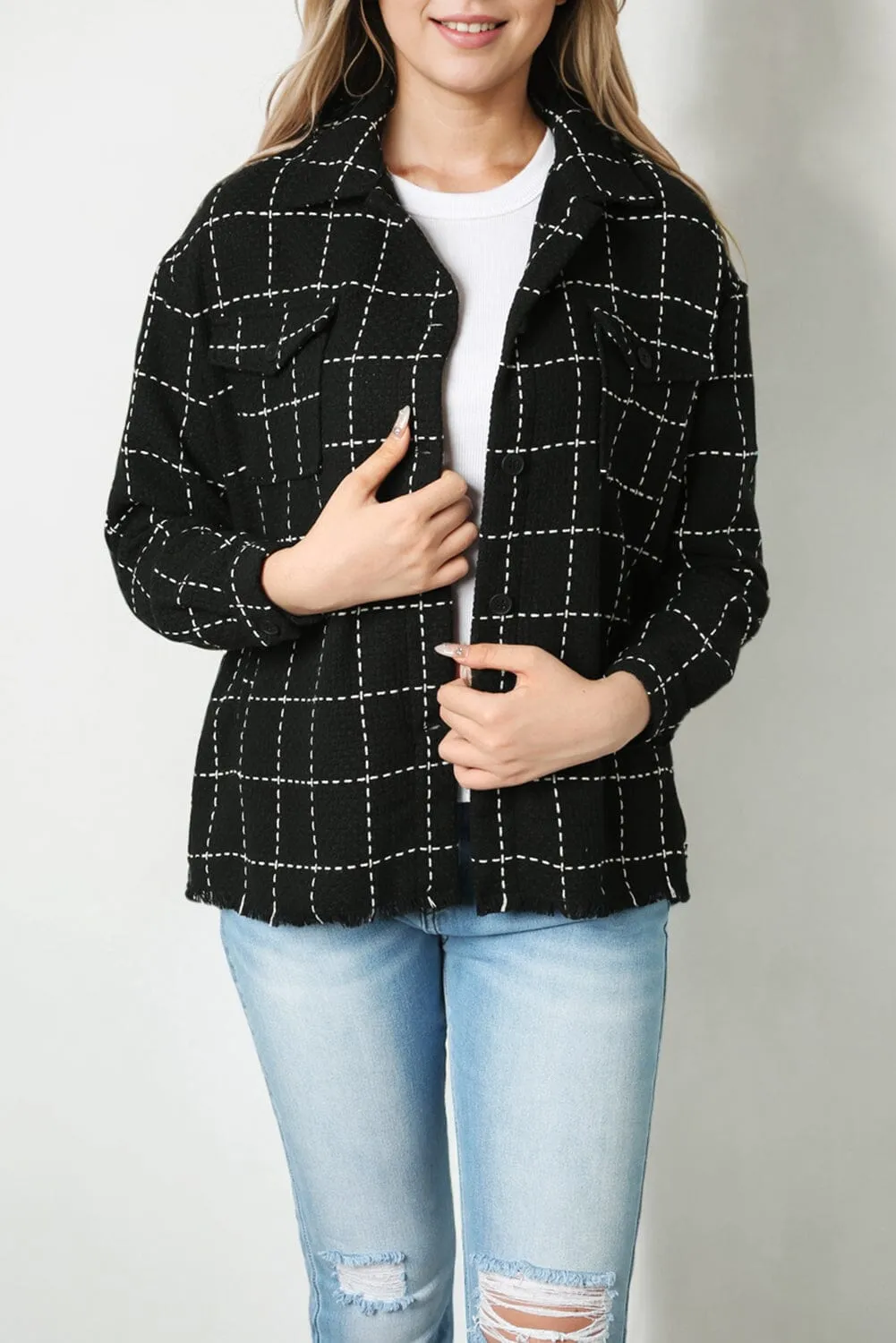 KaleaBoutique Contrast Lattice Textured Buttons Flap Pocket Shacket
